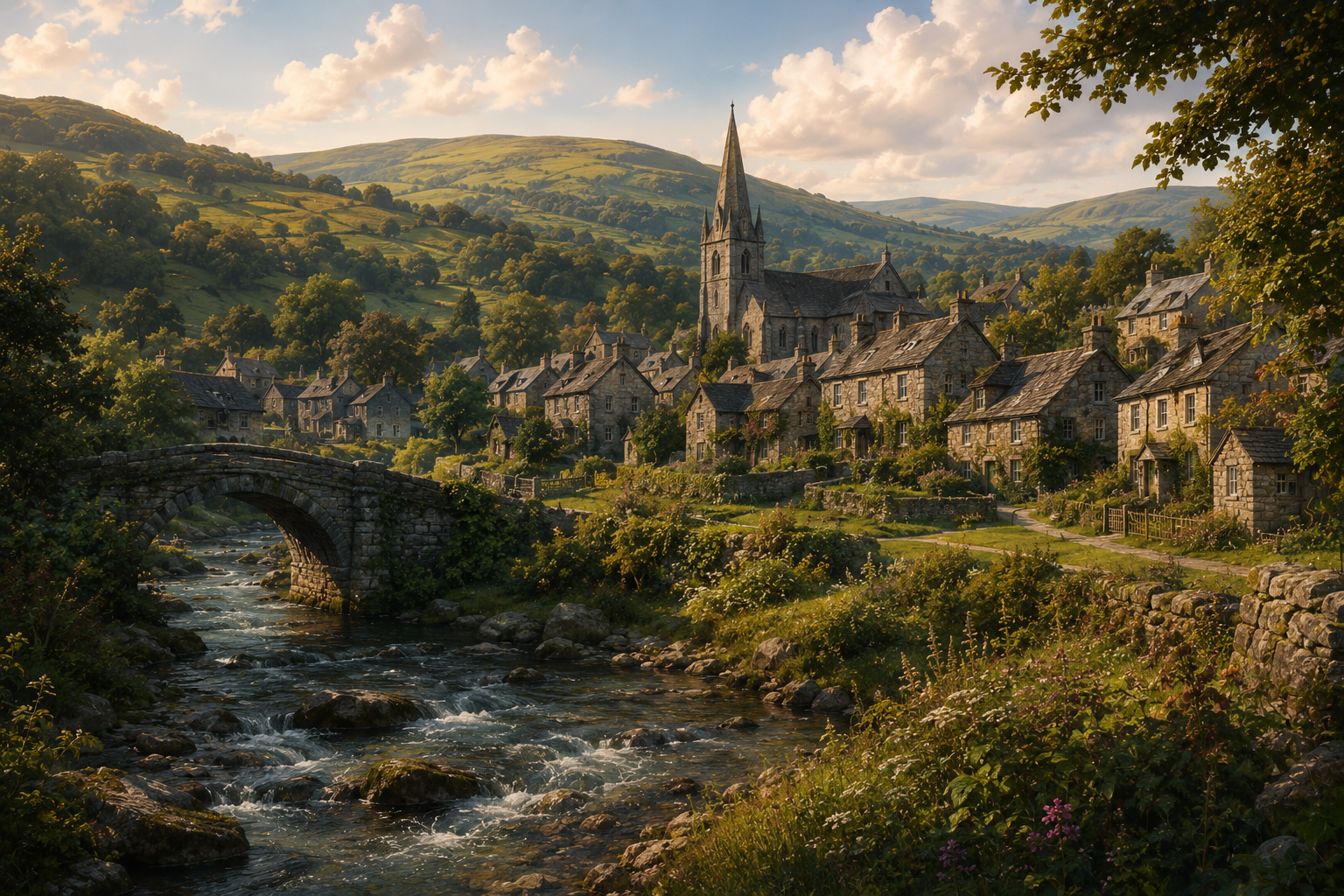 A peaceful Welsh village beside a winding stream in evening light