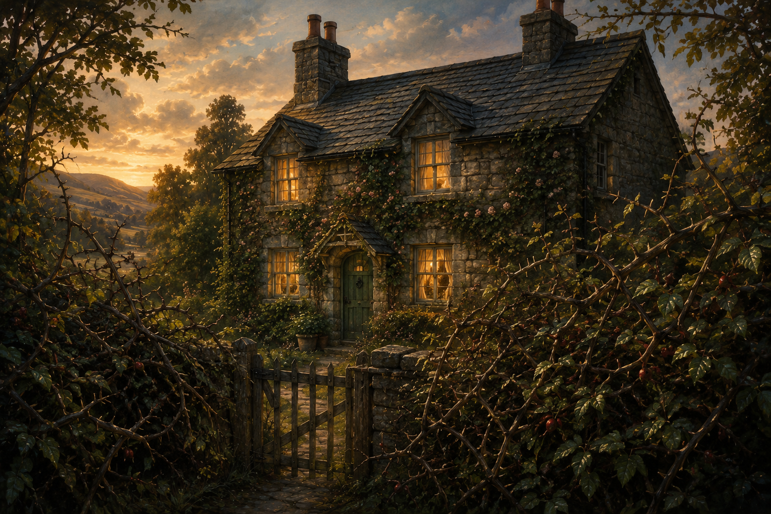 An old stone house glowing warmly behind a thick thorn hedge at dusk