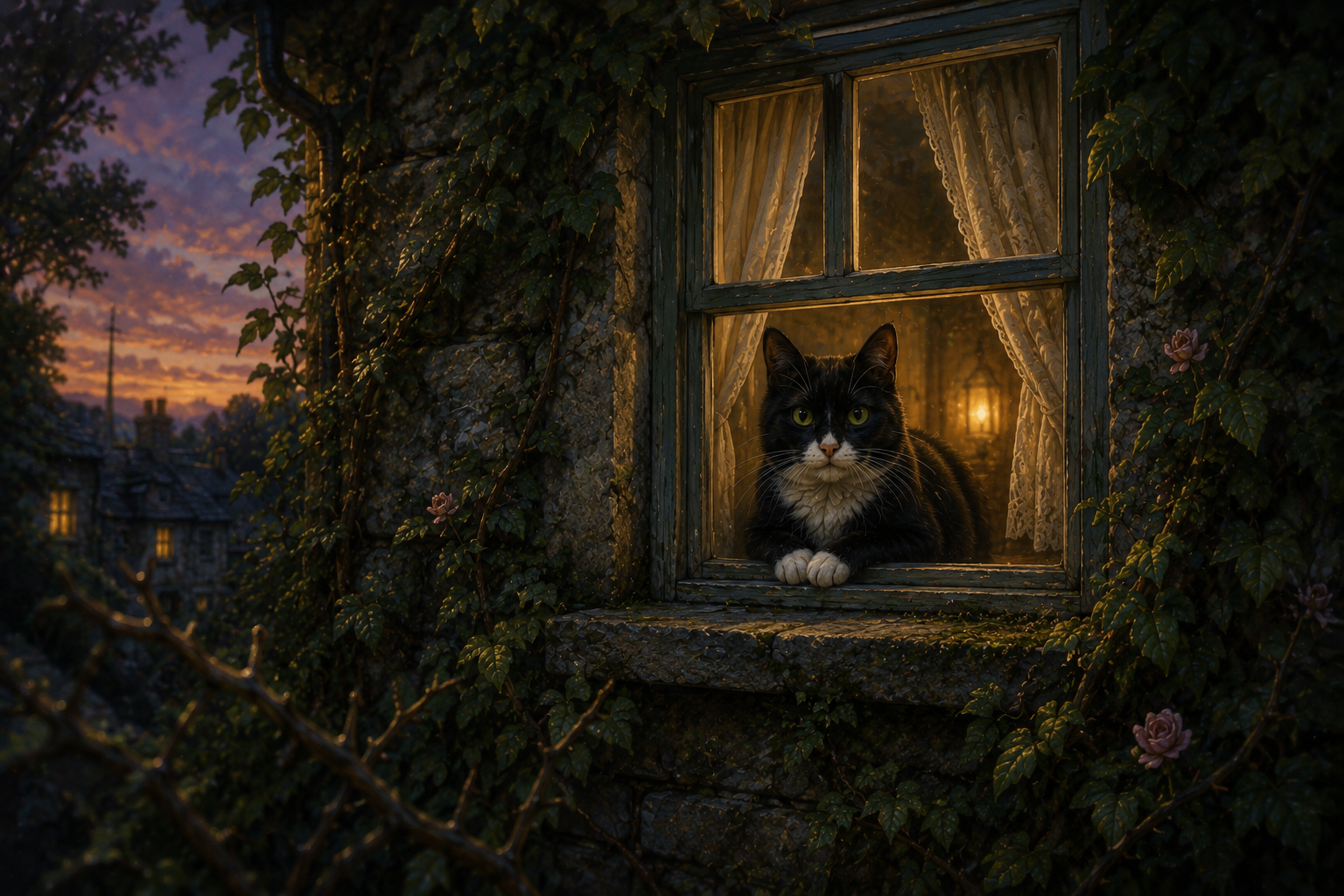 Midnight, a black-and-white cat, watching quietly from a warmly lit window