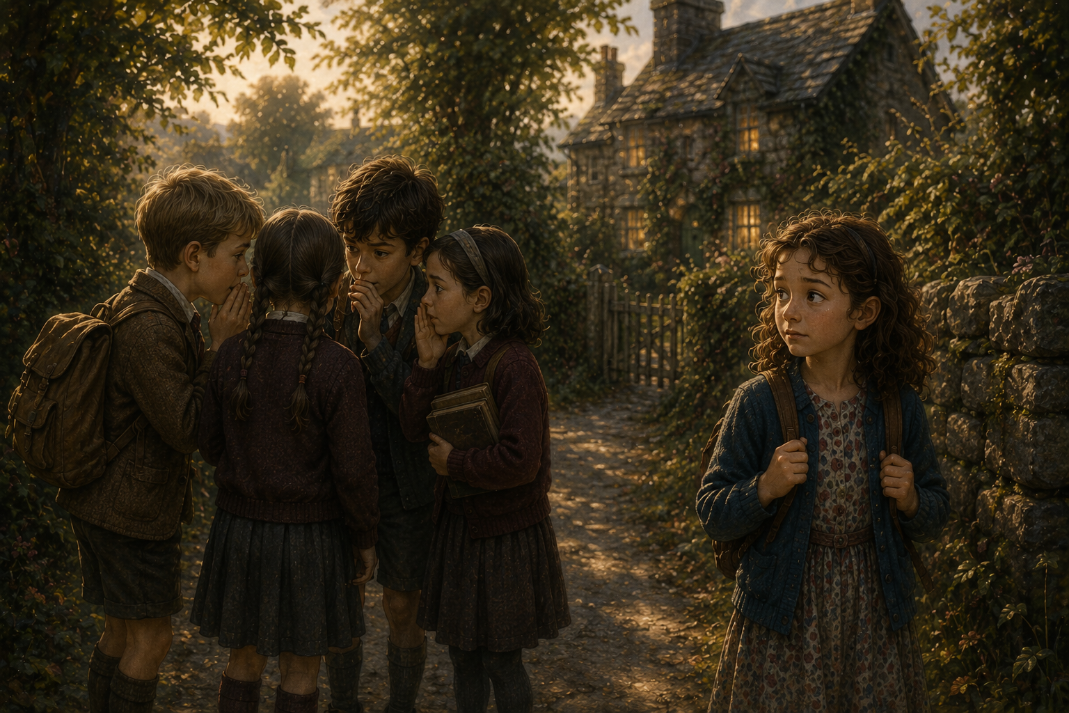Children sharing whispered stories while Lowri listens thoughtfully