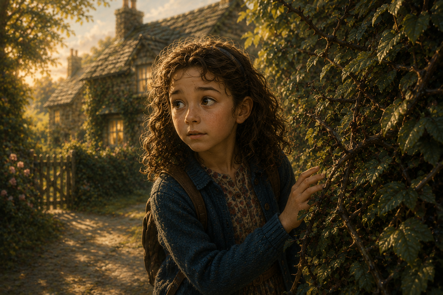 Lowri peering curiously through a gap in a sunlit thorn hedge