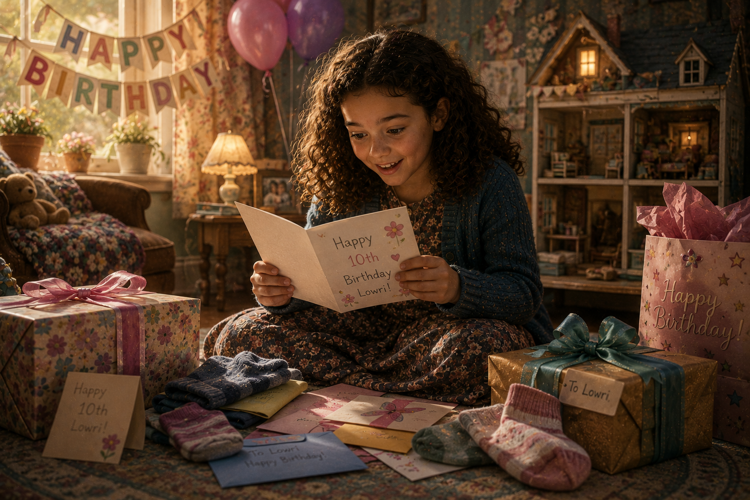 Lowri reading a birthday card among presents and balloons