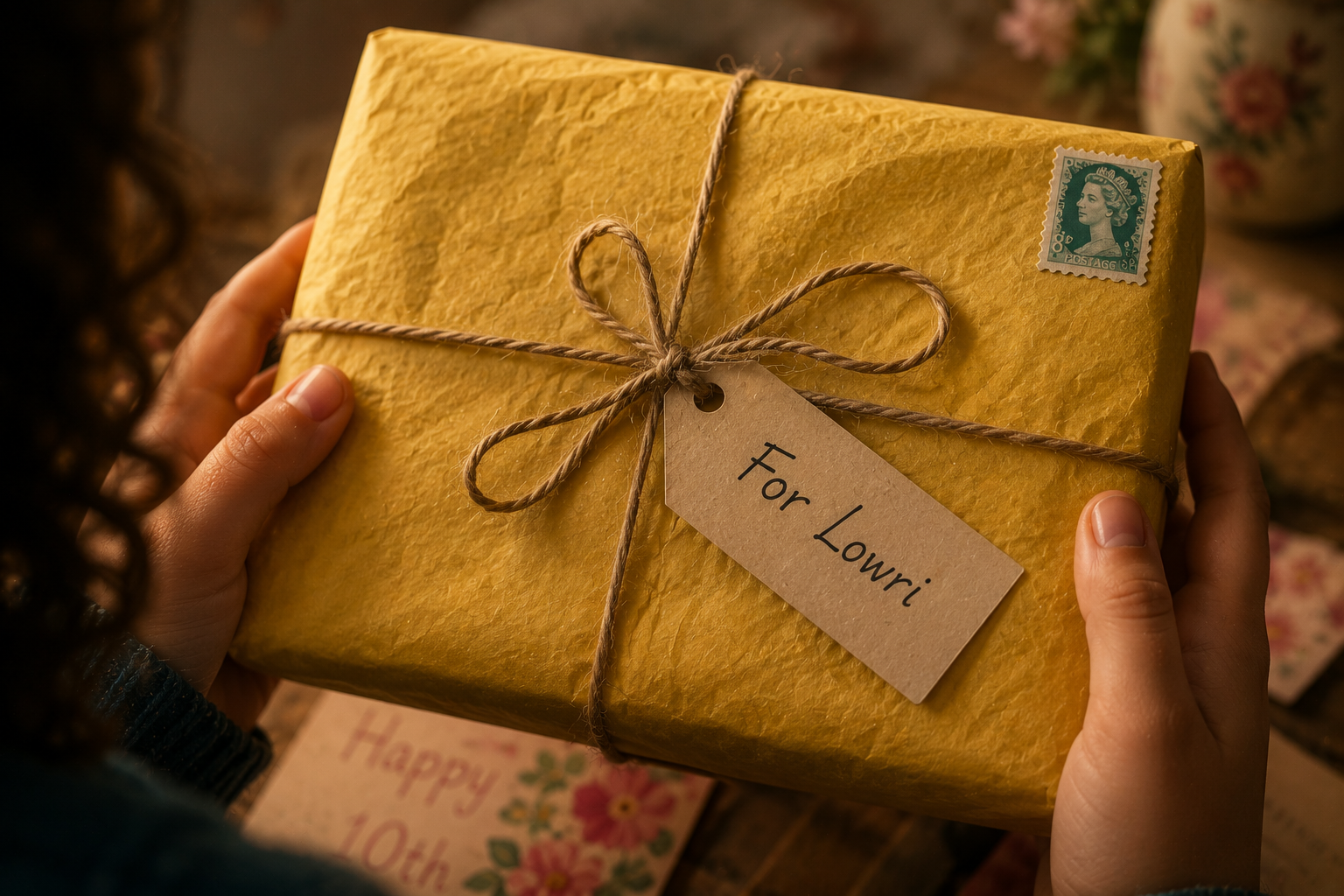 A yellow parcel tied with string and labelled for Lowri