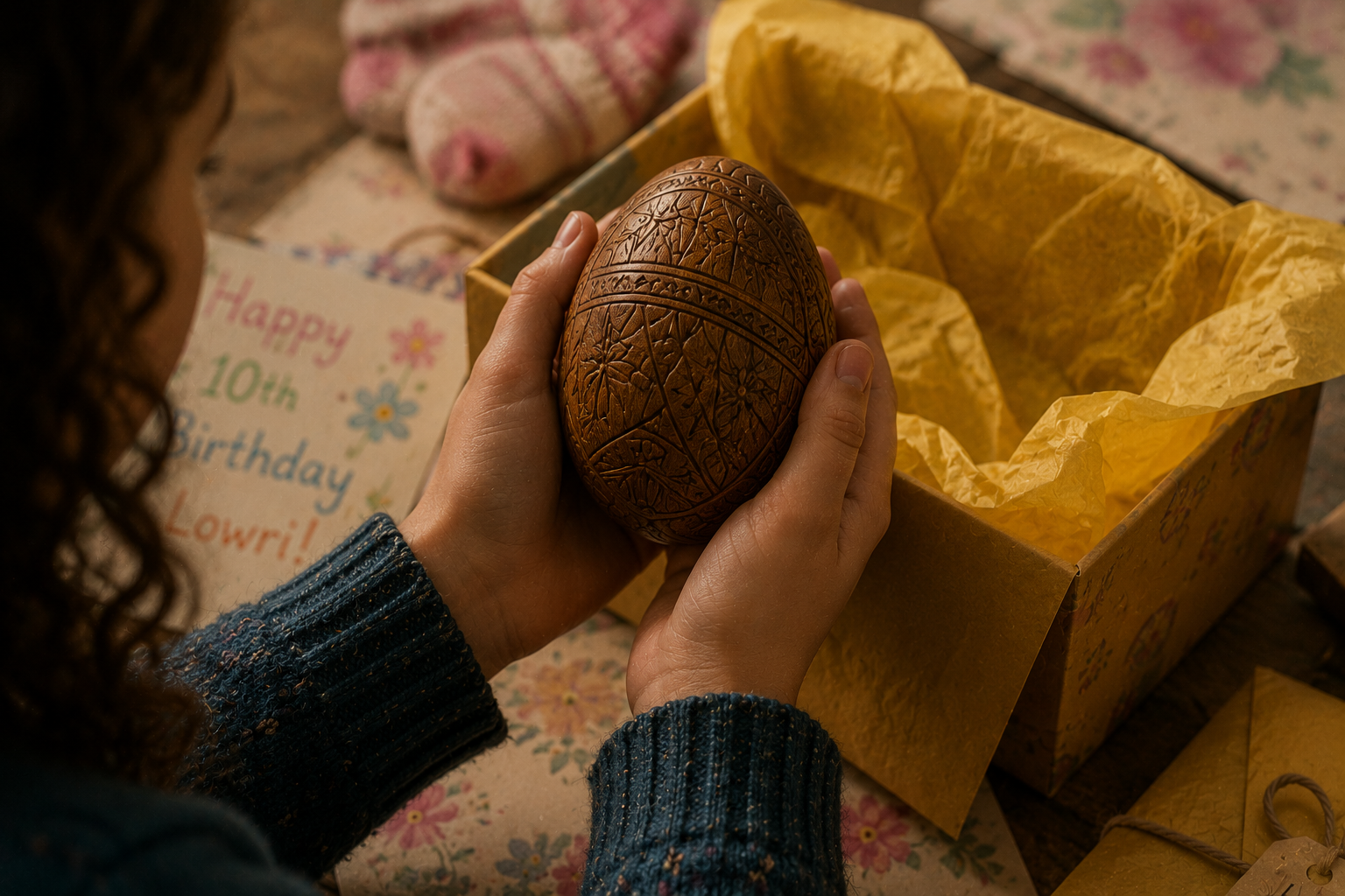 Lowri holding a beautifully carved wooden egg