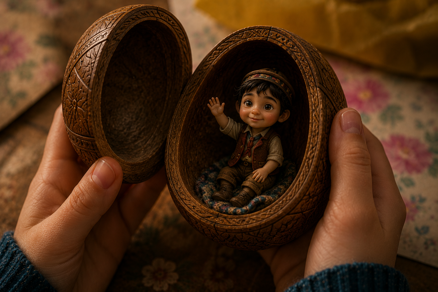 The carved wooden egg opened to reveal Horta, a tiny smiling wooden doll