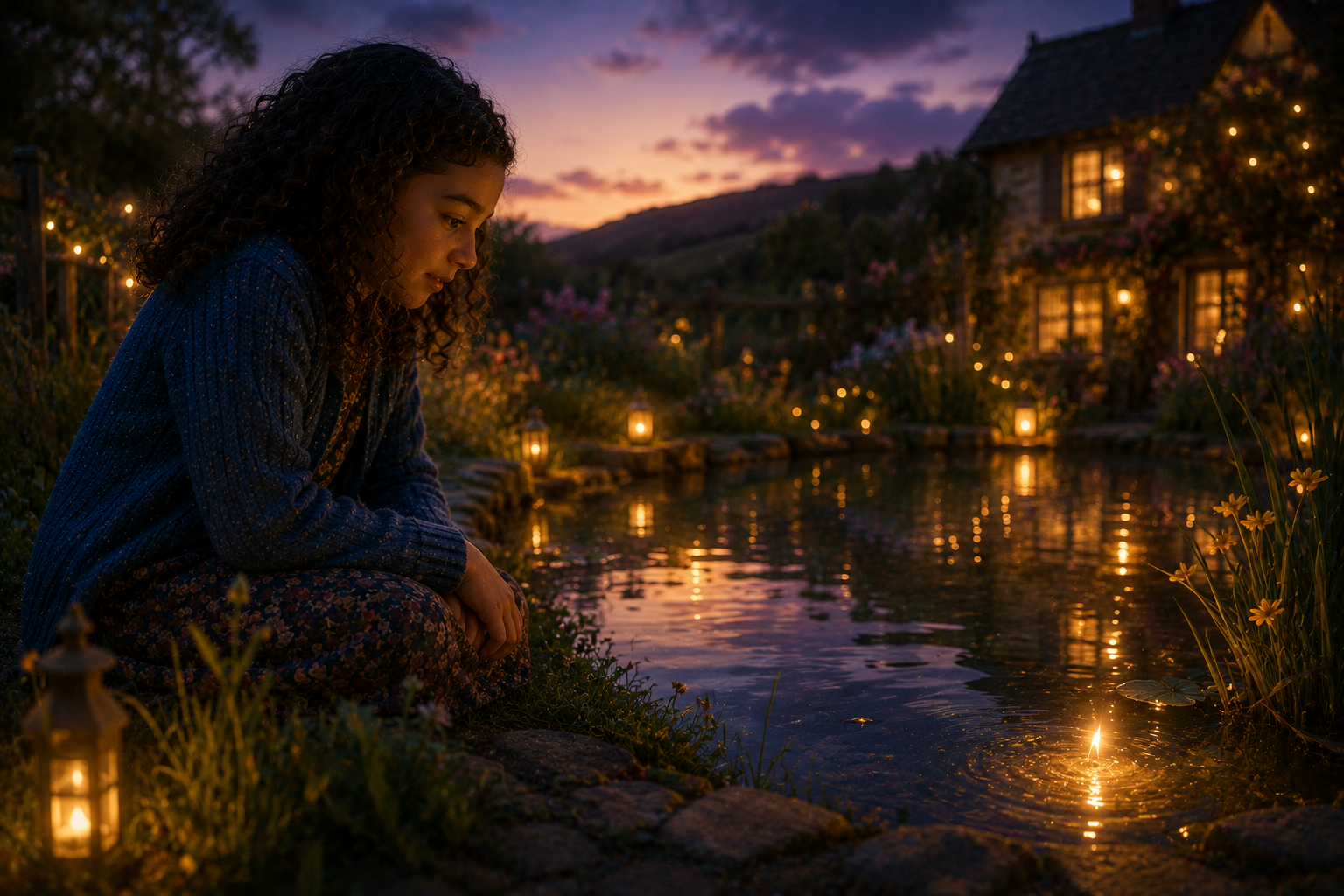 Lowri kneeling beside the glowing pond near Mrs Richards' house