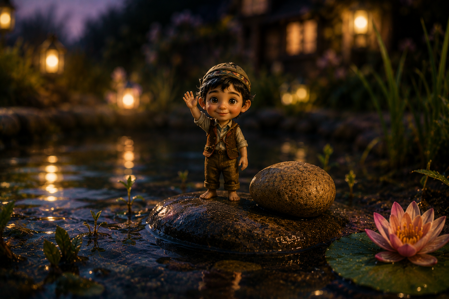 Horta standing beside the wooden egg on a moonlit pond among glowing reflections