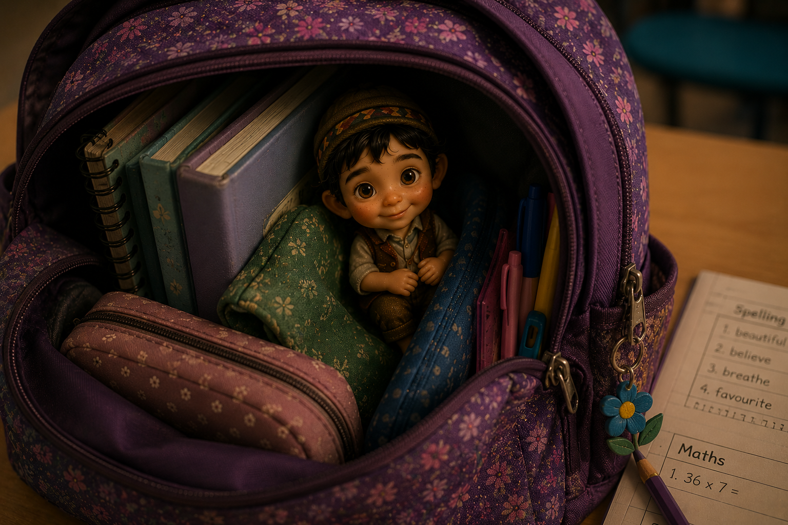 Horta hidden safely inside Lowri's school bag