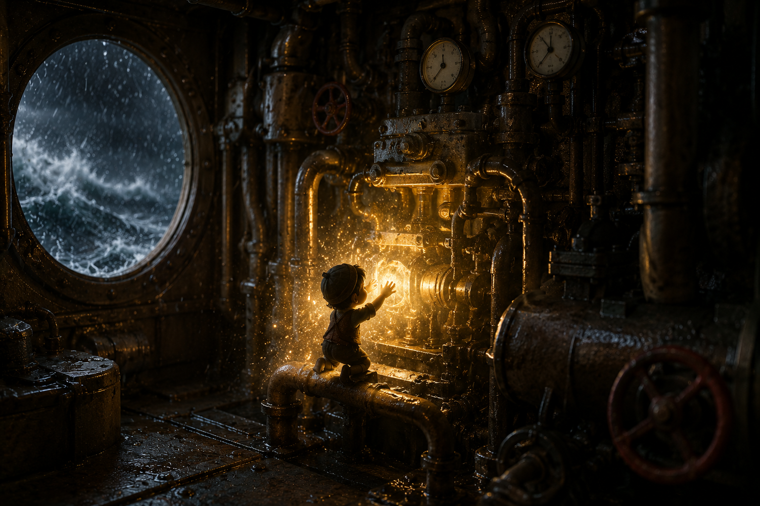 Horta carrying a lantern through a dark room during a storm