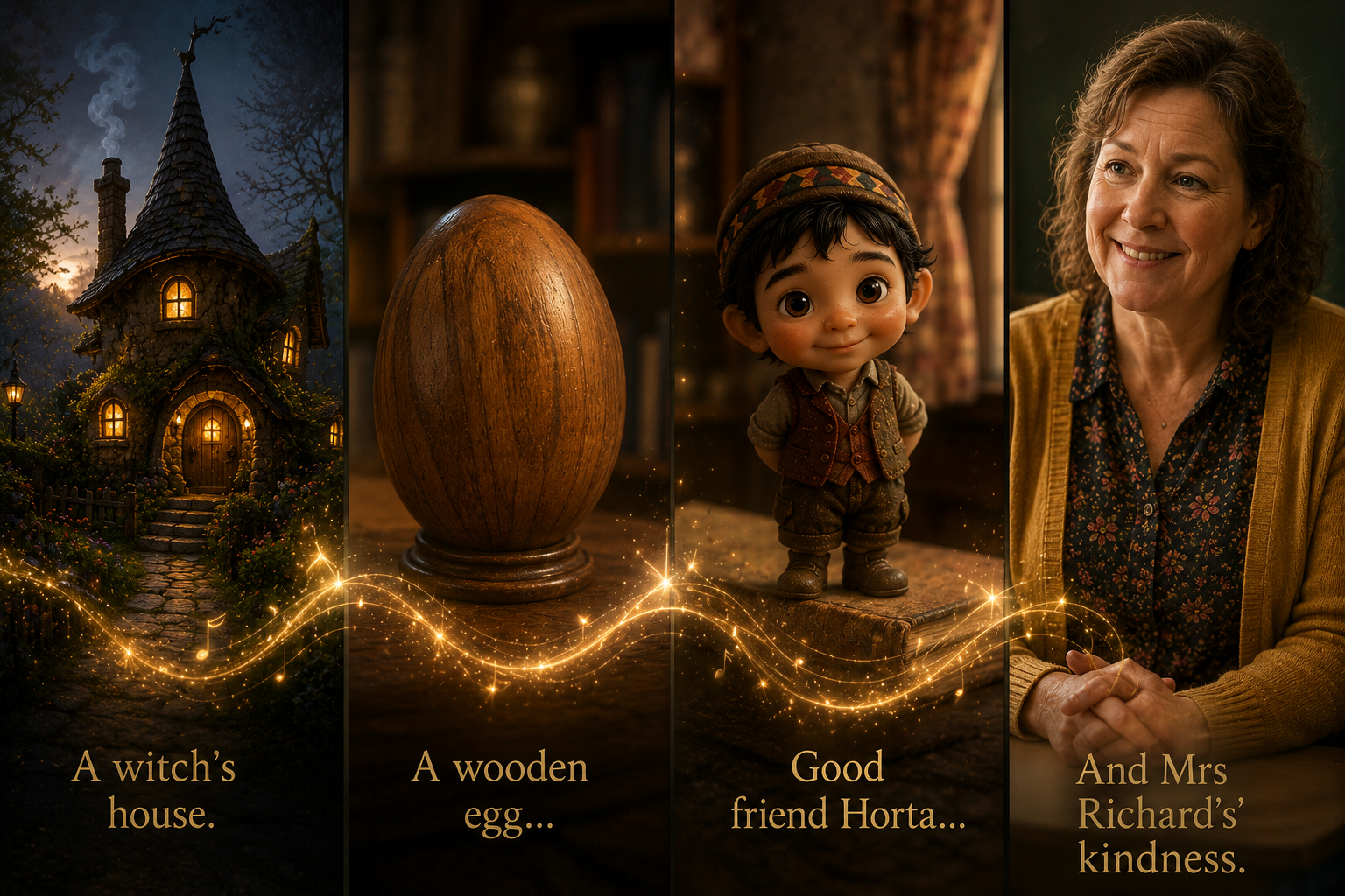 Horta glowing beside his wooden egg while Mrs Richards smiles