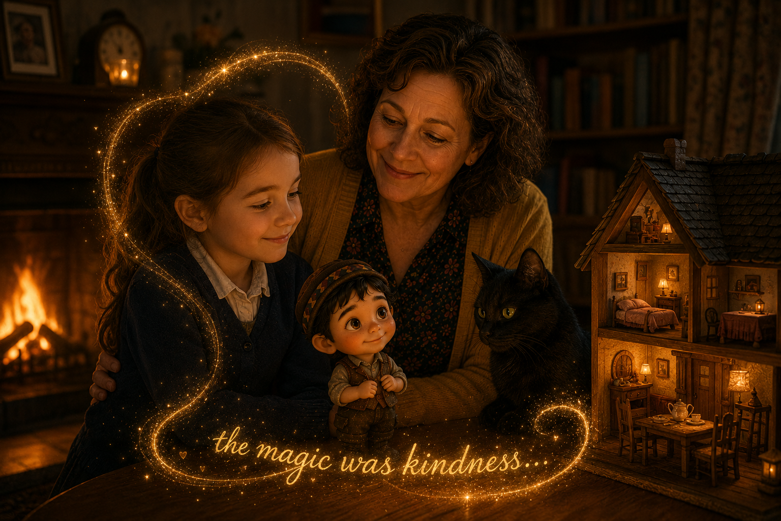 Lowri and Mrs Richards holding Horta together beside glowing words about kindness