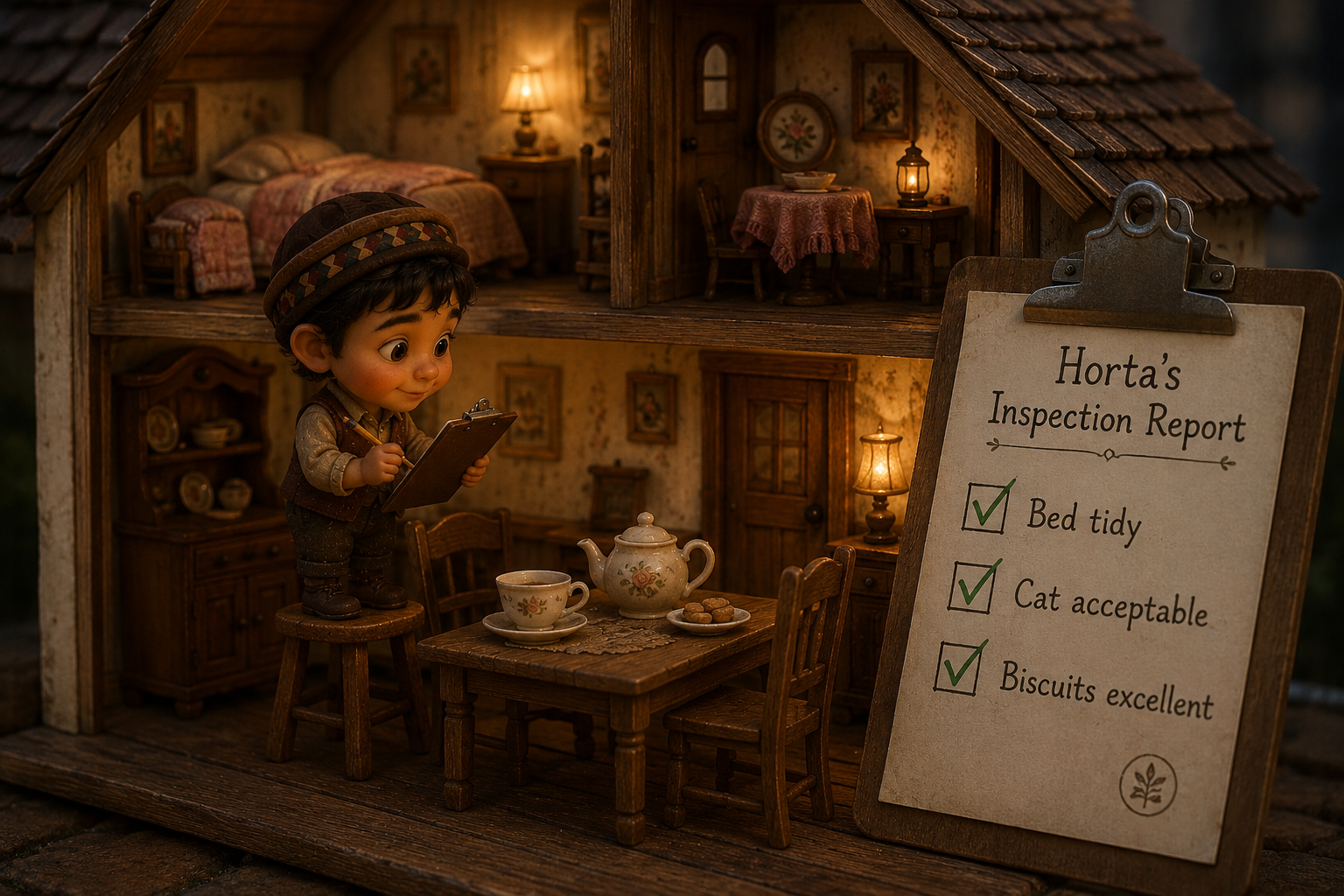 Horta proudly holding an inspection report in his miniature room