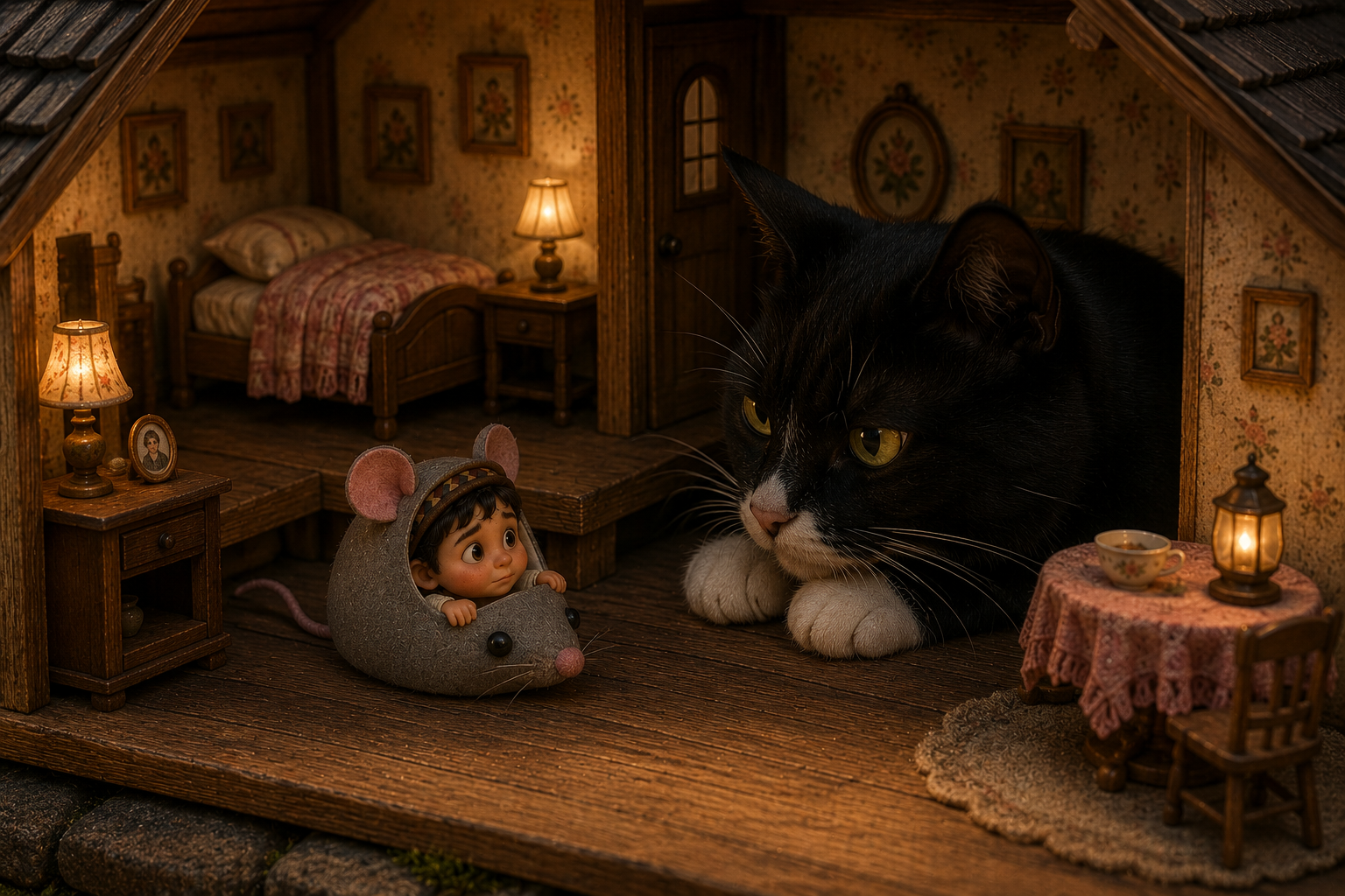 Horta relaxing in bed while Midnight peers into the miniature room