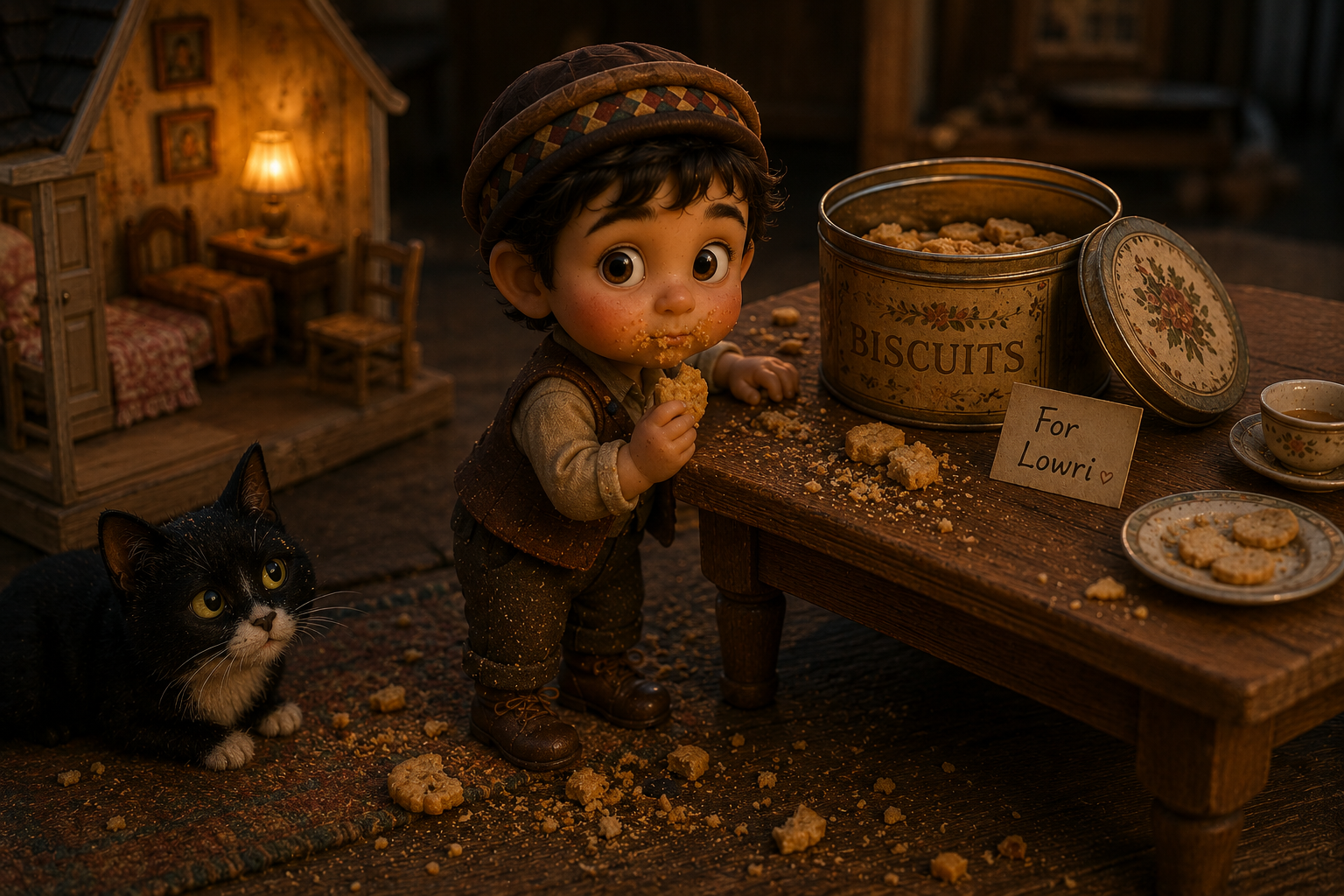 Horta caught beside a biscuit tin with crumbs around him