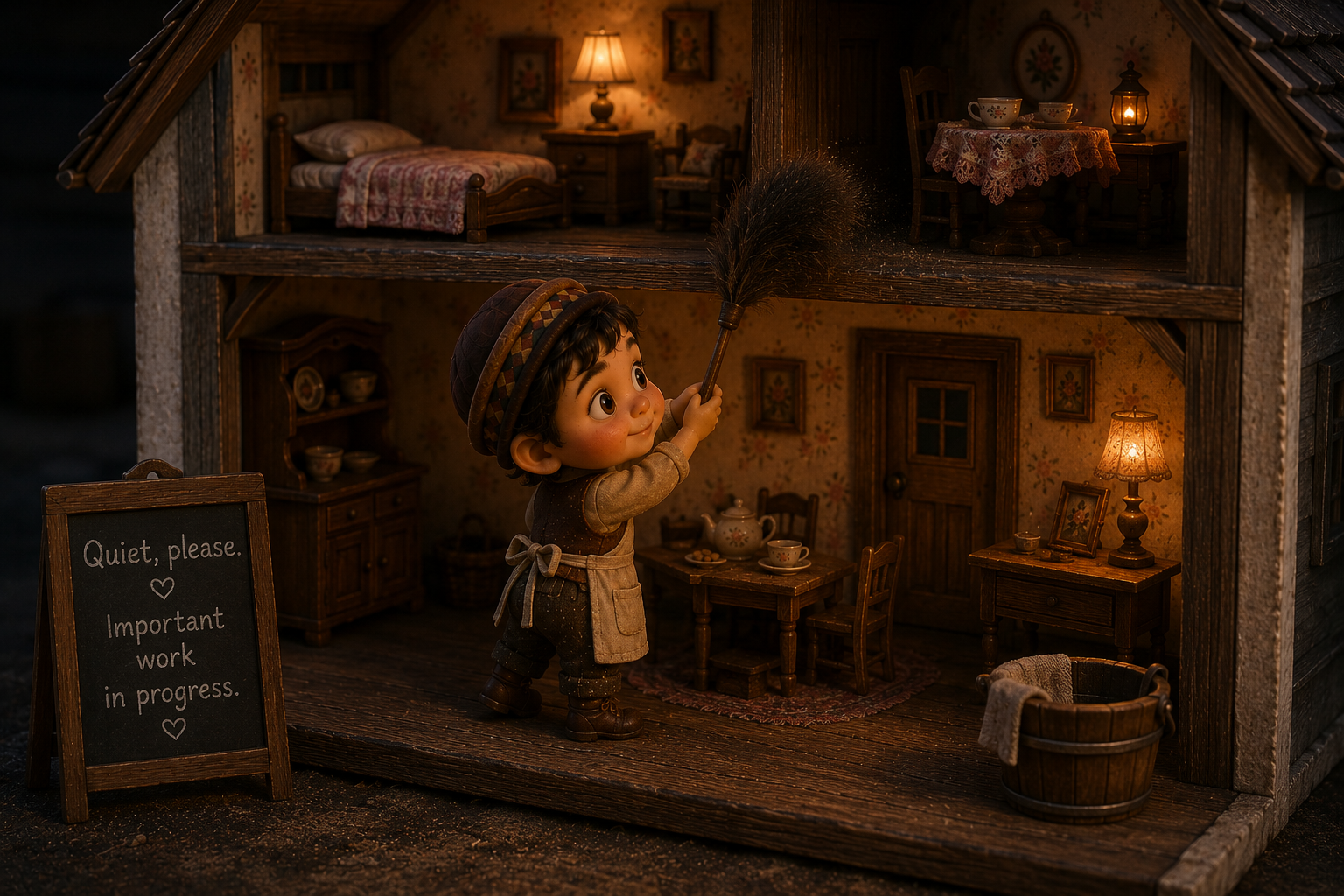 Horta waving from his miniature doorway beside a tiny sign