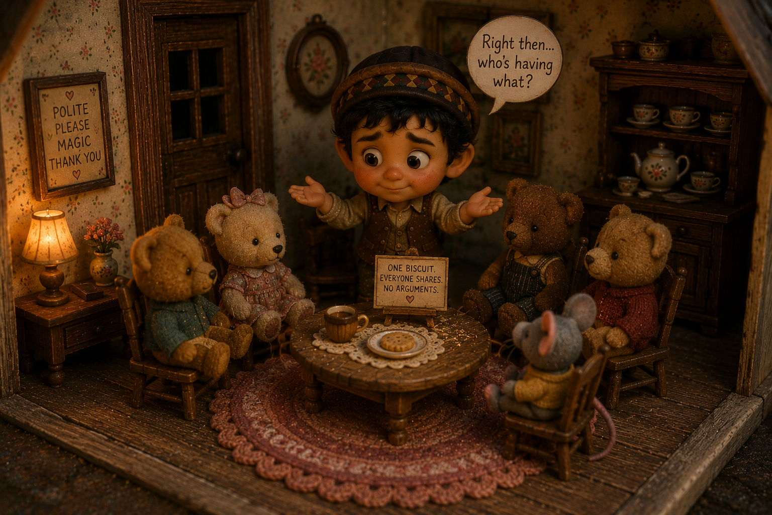 Horta hosting a tea party for a group of teddy bears