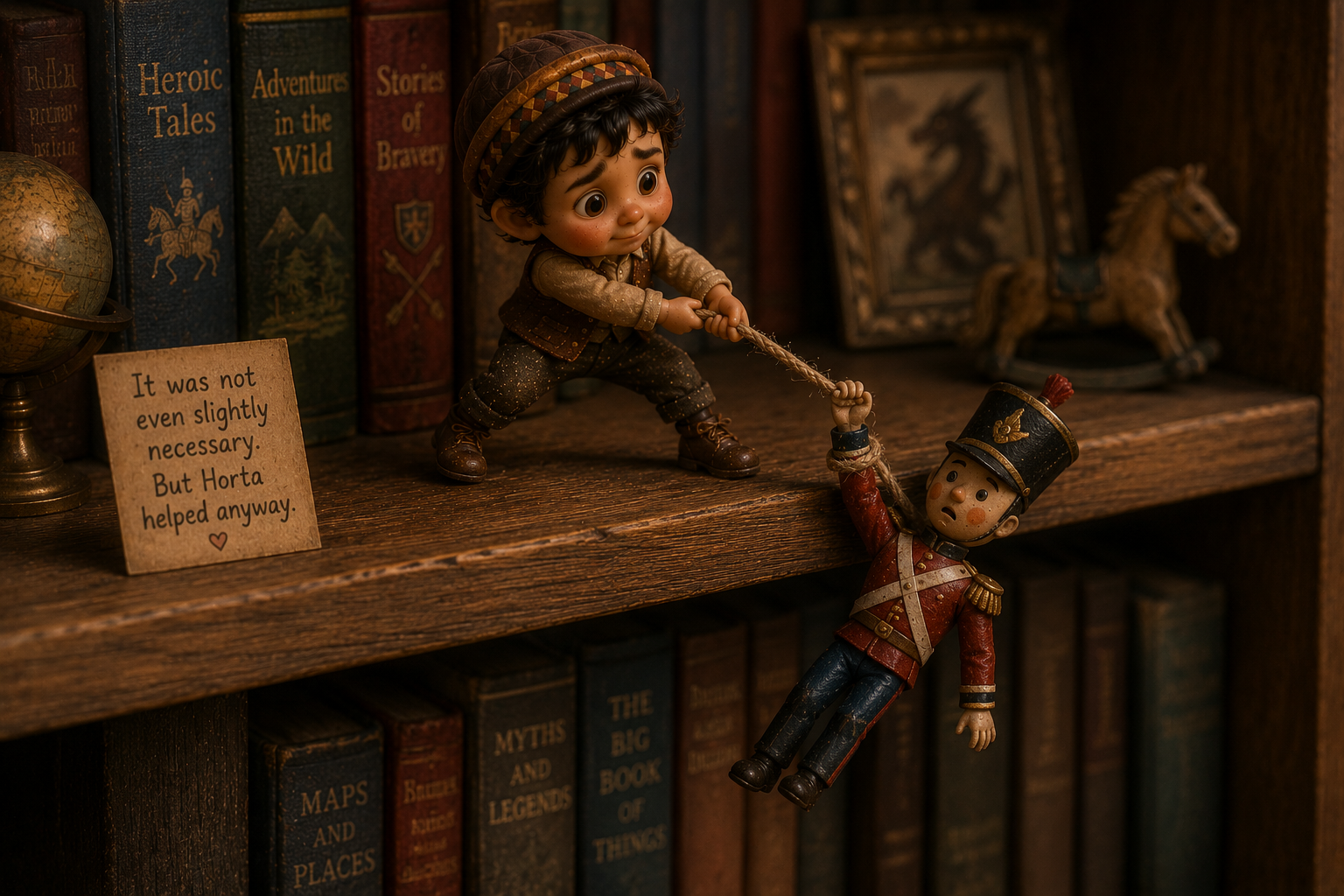 Horta trying to help another tiny doll on a bookshelf