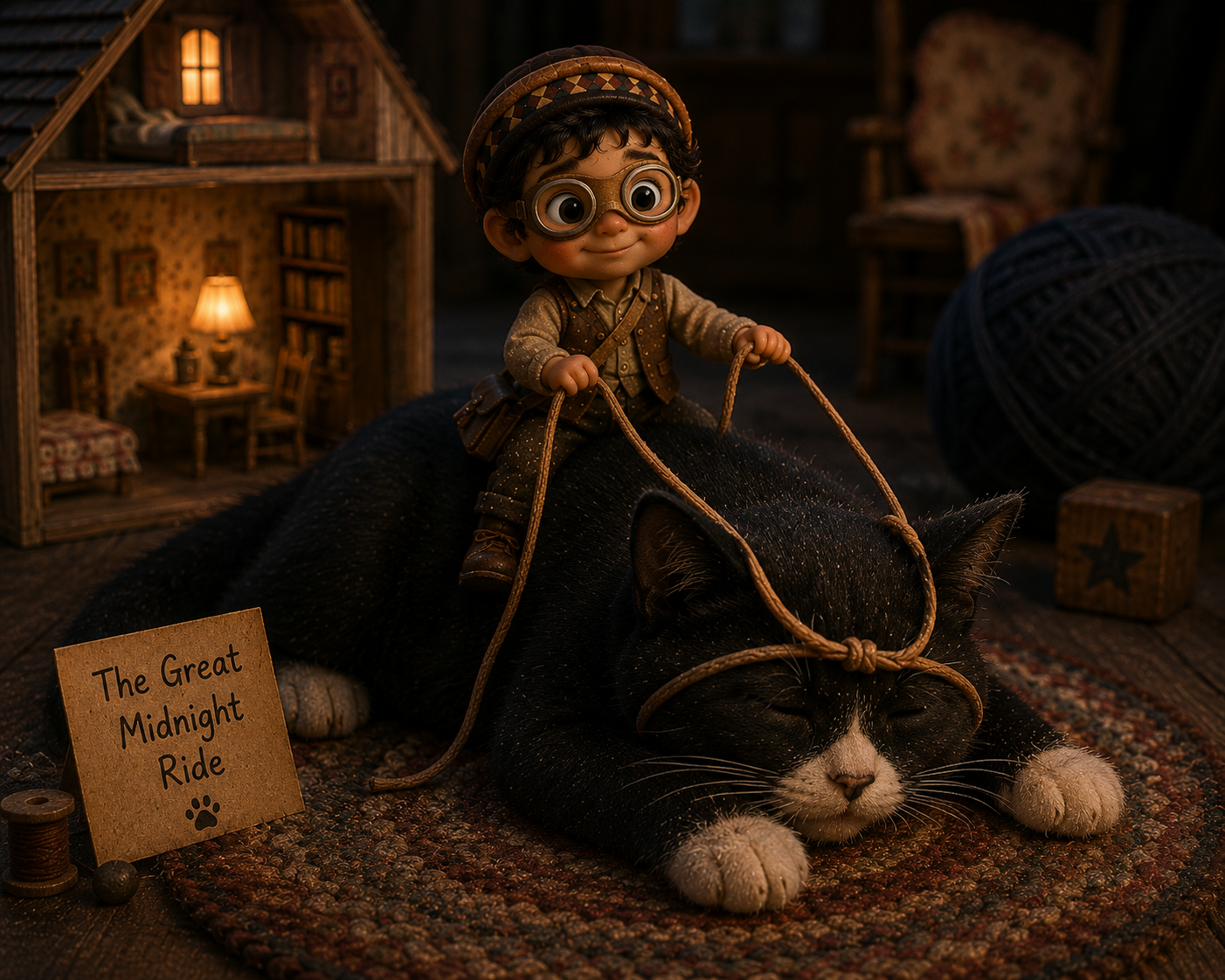 Horta tangled in wool while Midnight sits nearby