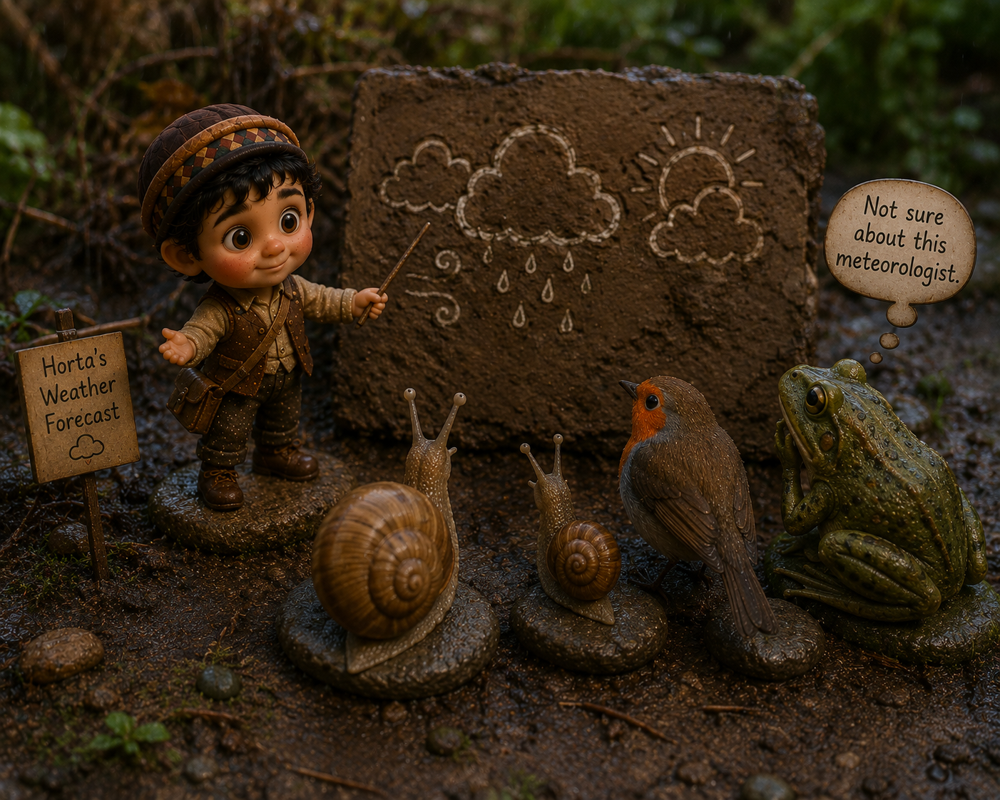 Horta pointing at a muddy map beside a snail