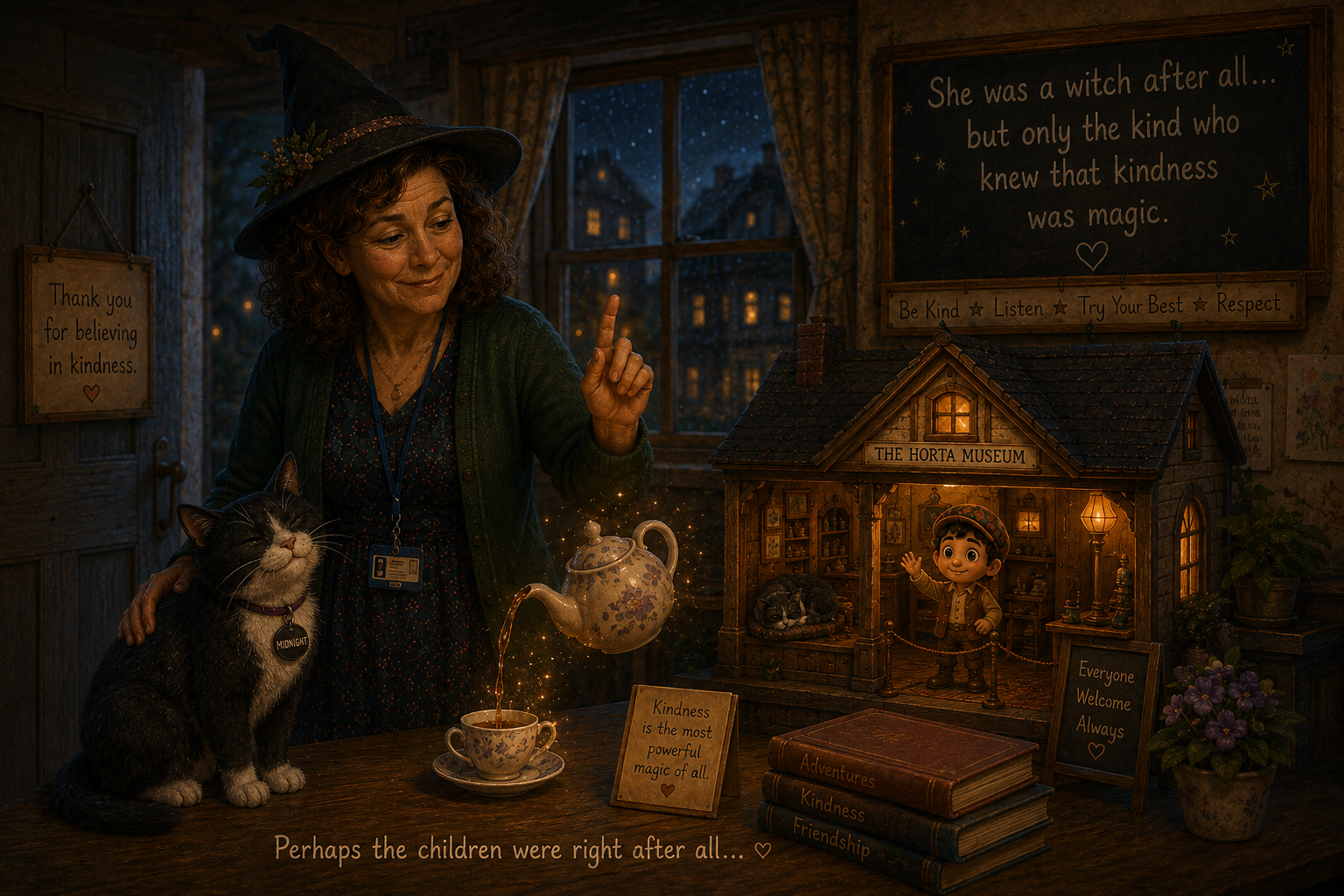 Lowri's teacher pouring tea beside Horta and his miniature house