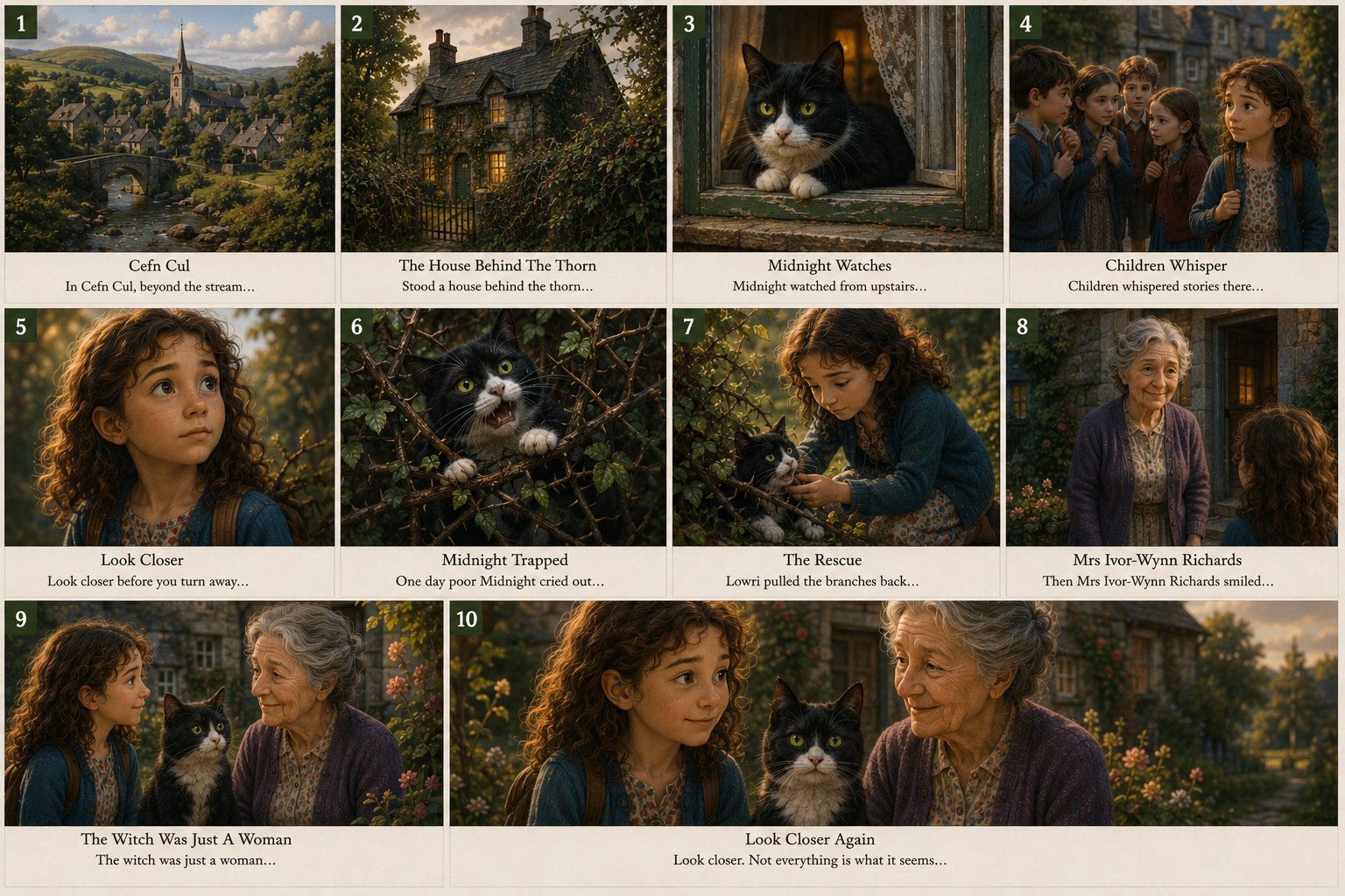 Storyboard showing the opening sequence from the village and Midnight to Lowri meeting Mrs Richards