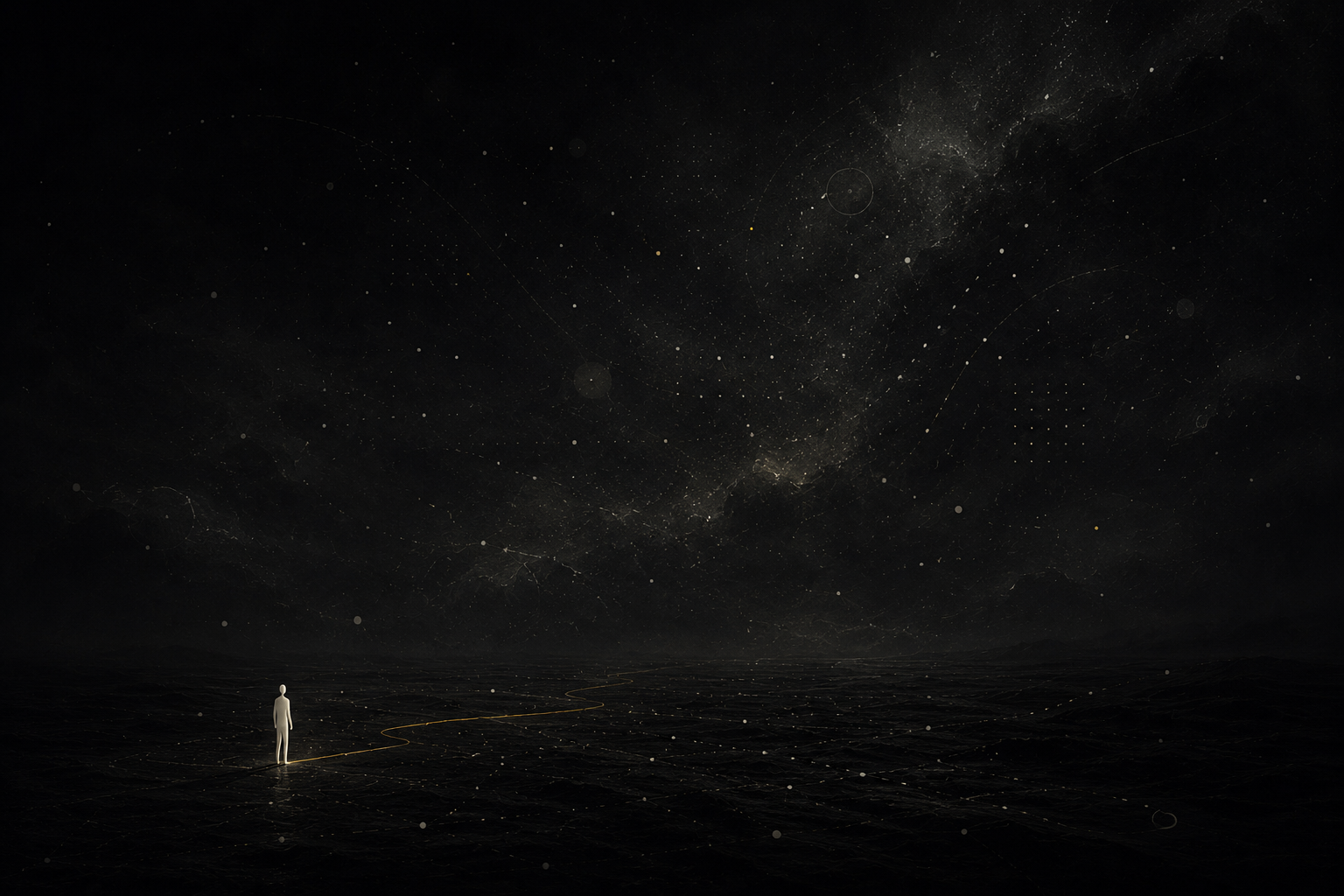 A tiny figure in a vast dark world as a faint yellow path begins to appear