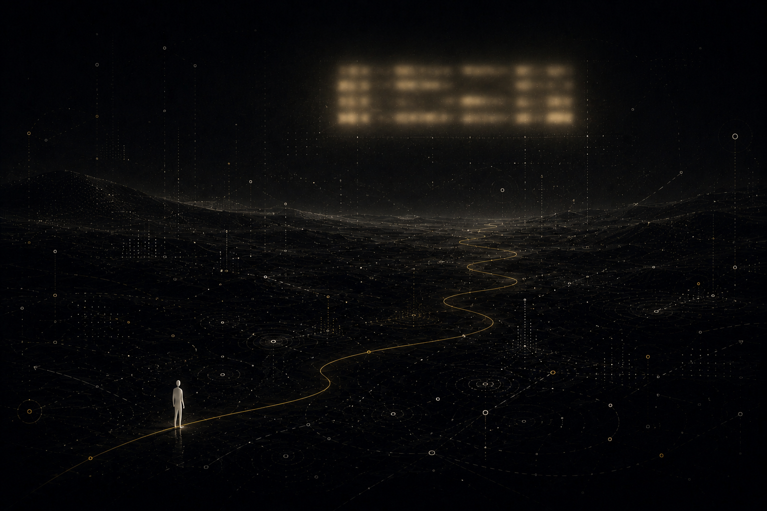 A glowing screen hangs above a winding yellow path