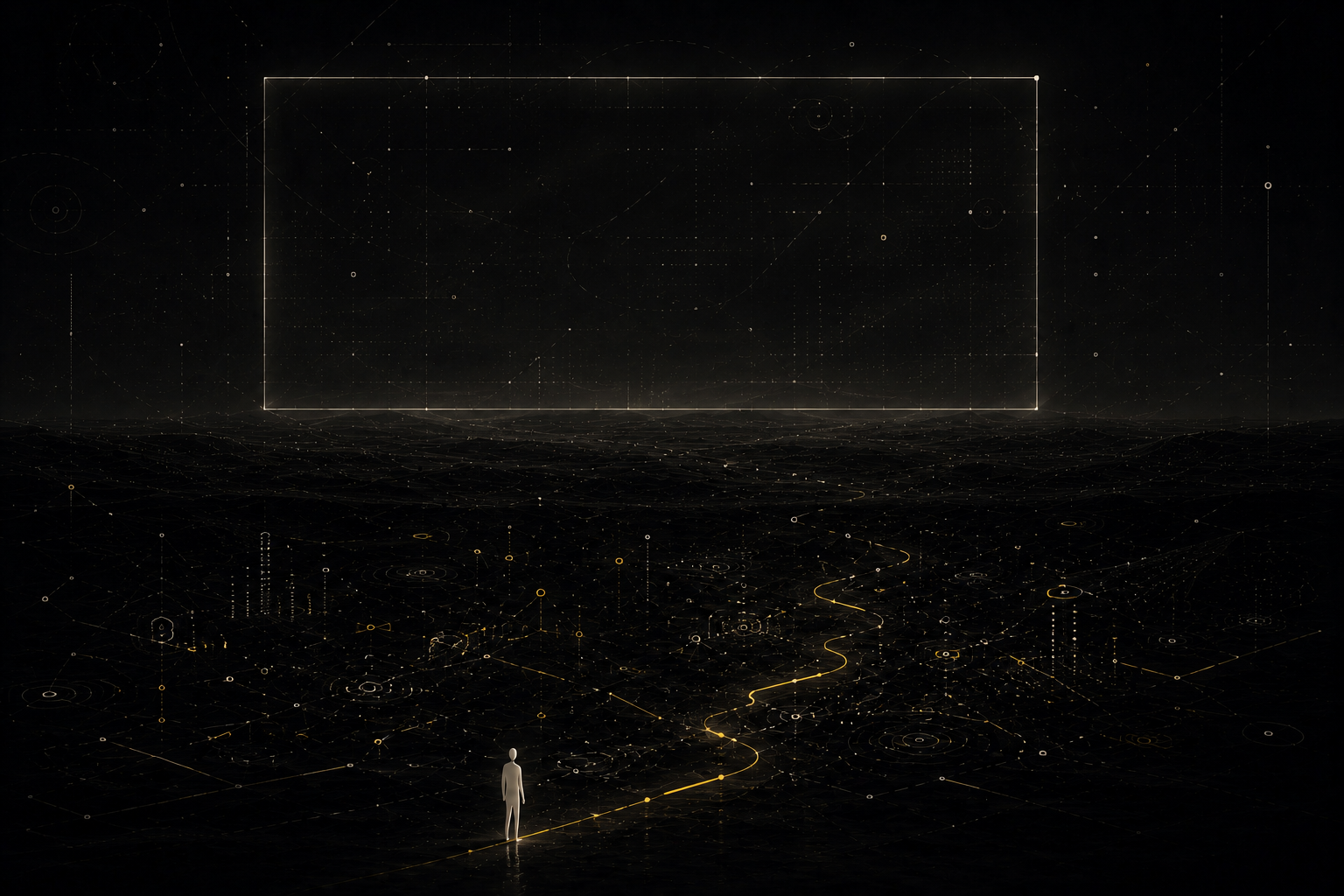 A small figure follows patterns moving beneath a dark frame