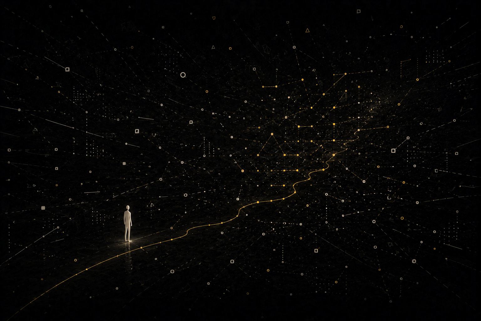 A small figure watching a yellow pattern emerge among scattered points in darkness
