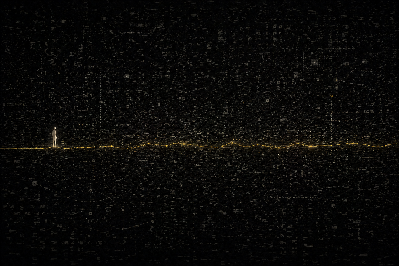 A single yellow line runs through a dense field of dark static