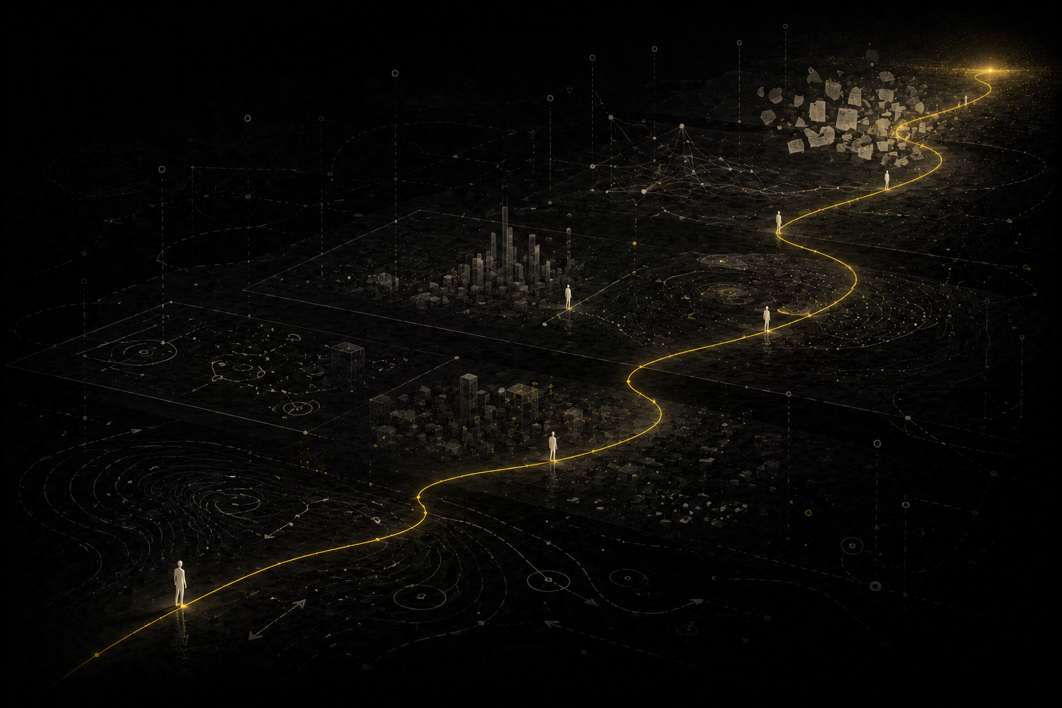 A yellow route winds through layered abstract eras