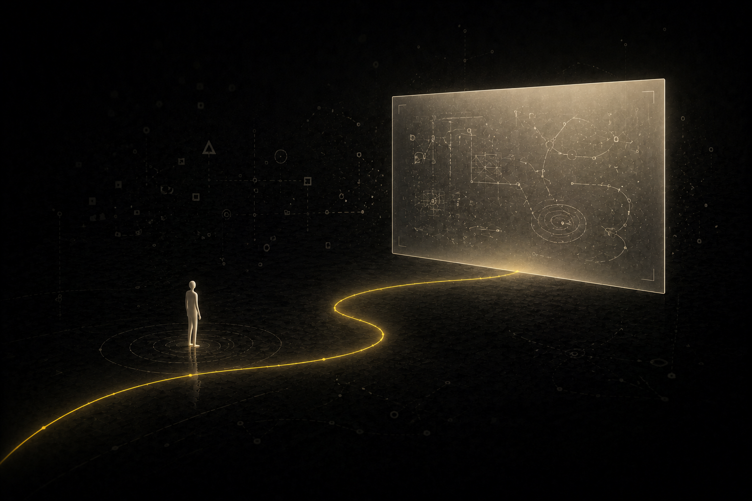 A small figure approaches a bright teaching plane along a yellow path
