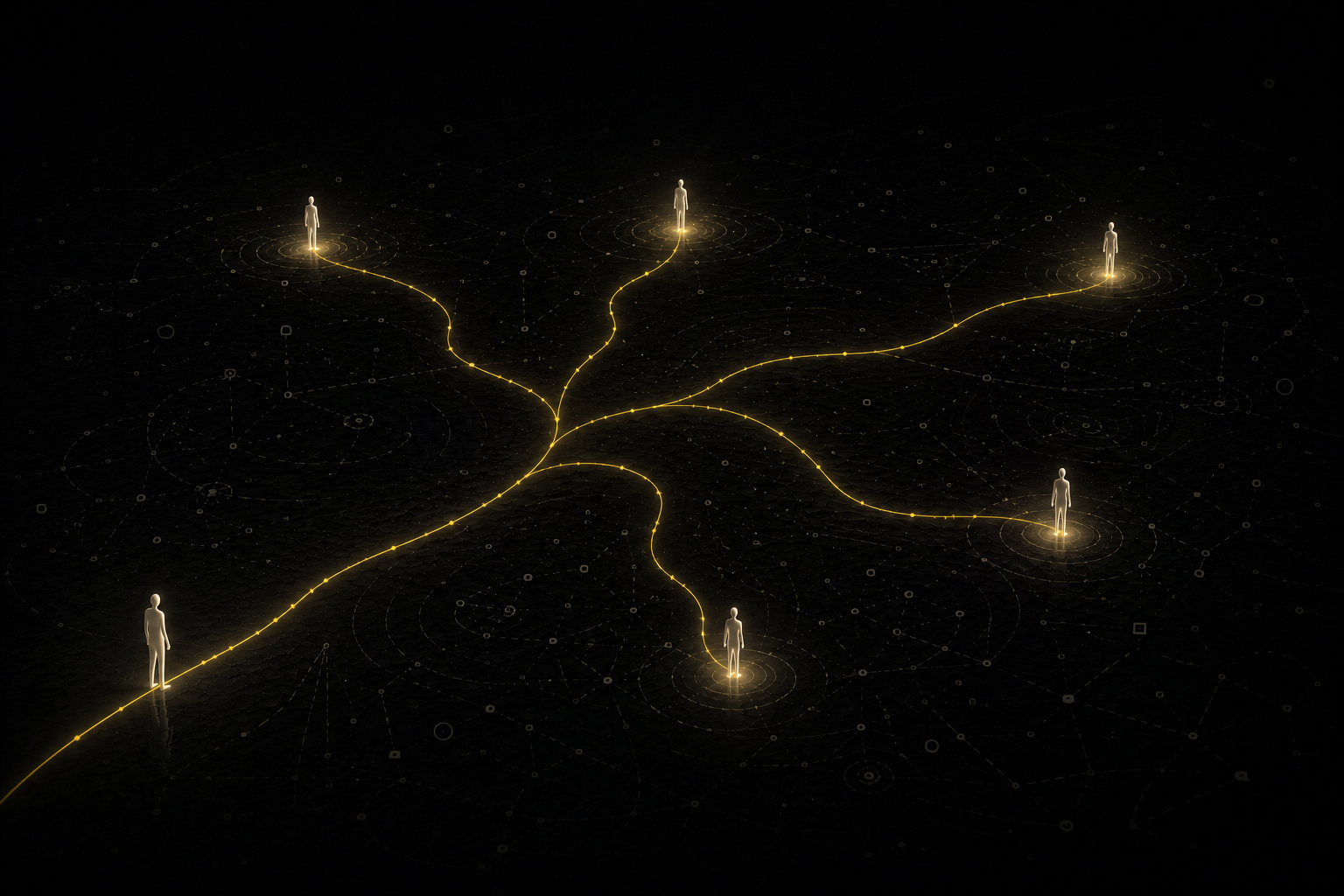 Several figures share a path among small points of light