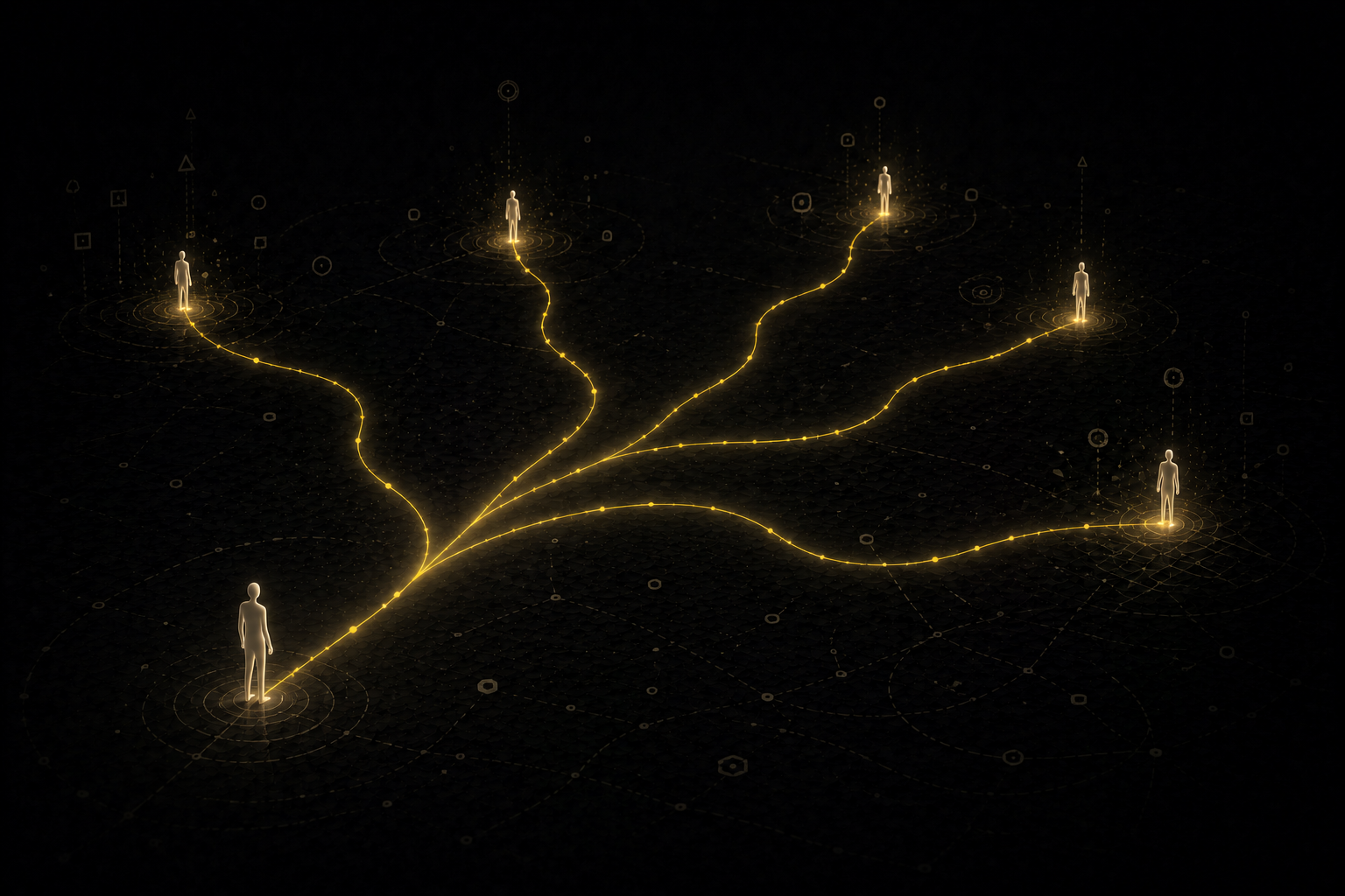 A yellow path branches toward several individual figures