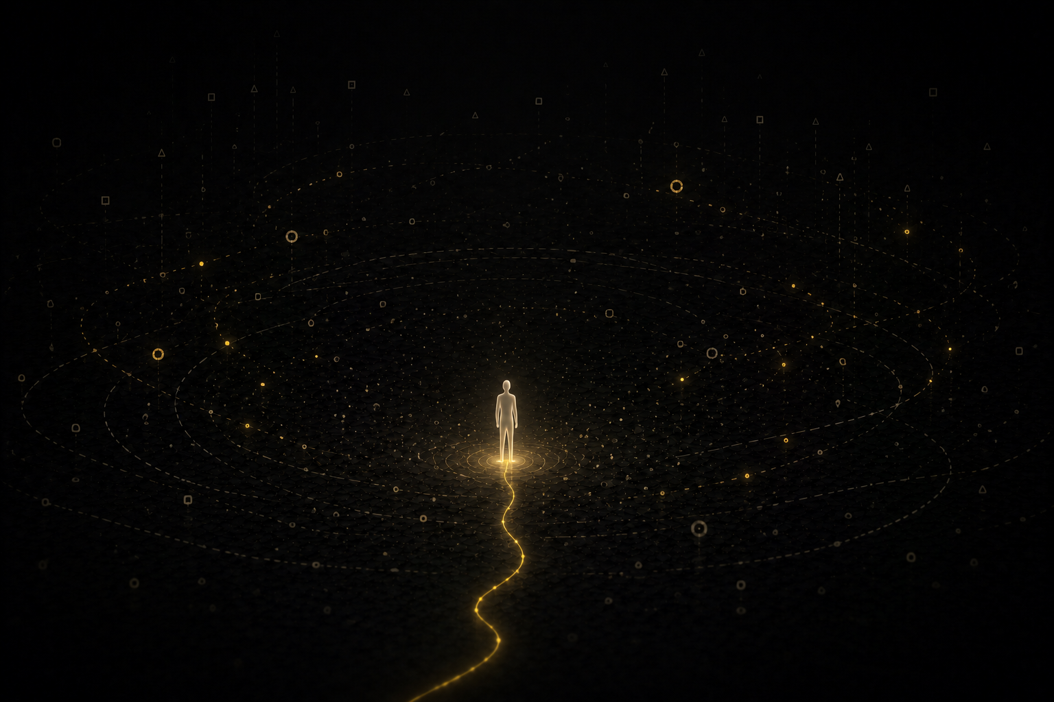 A small figure waits while particles orbit in the darkness