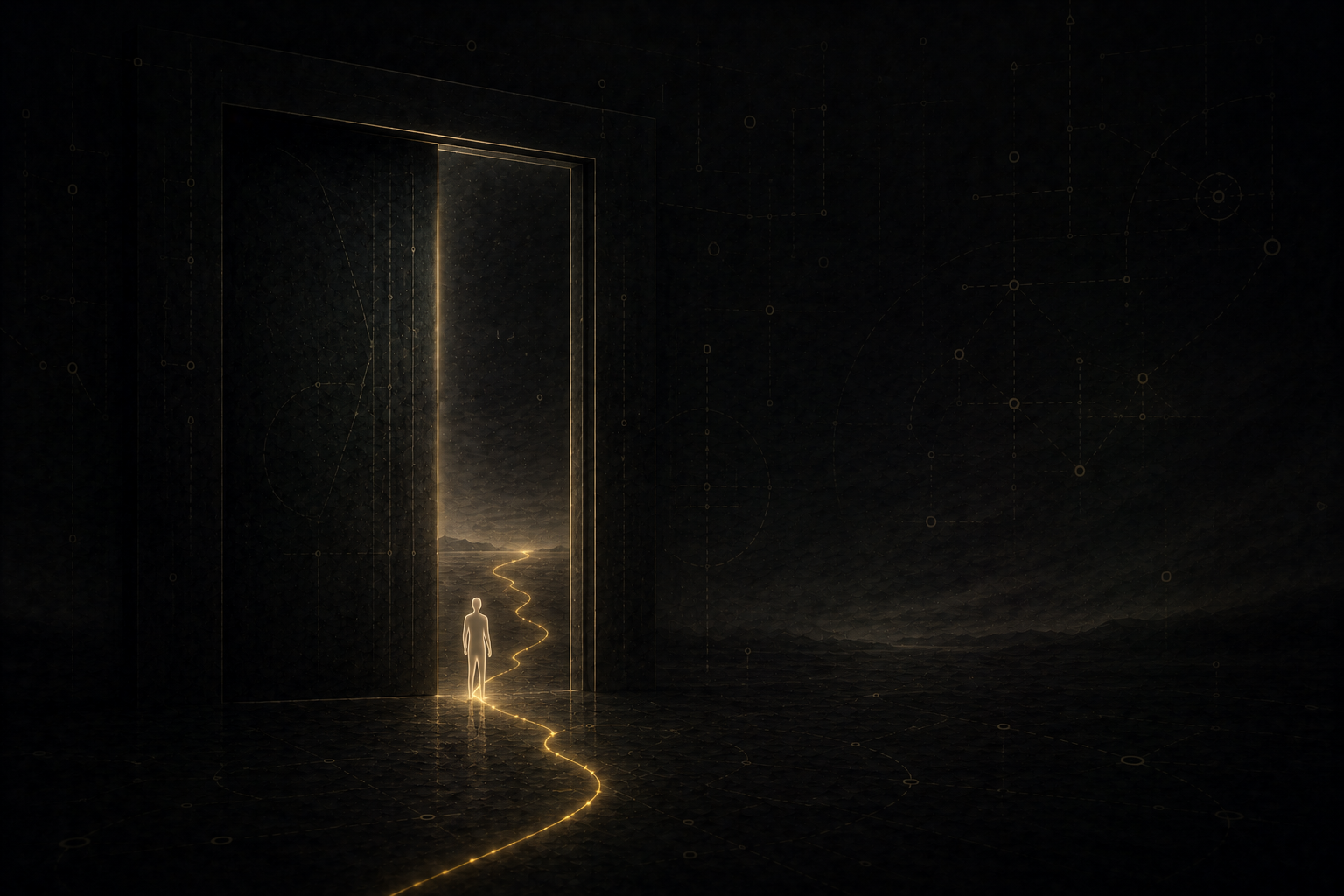 A figure stands at a dark threshold while a doorway closes behind and light waits ahead