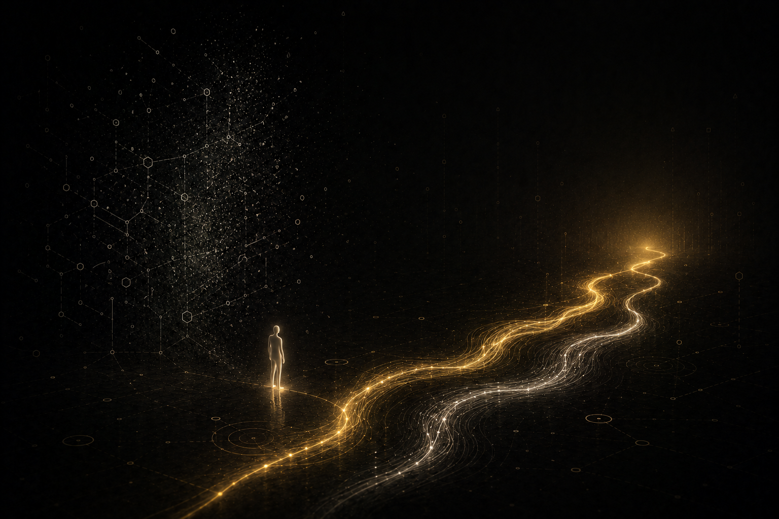 Two delicate light traces travel together through darkness