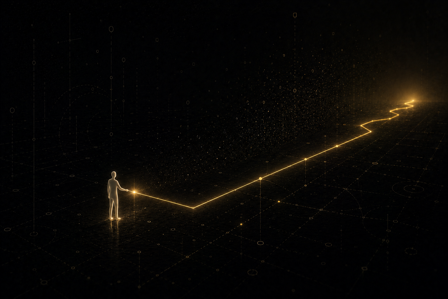 A precise yellow path is drawn forward from a small figure