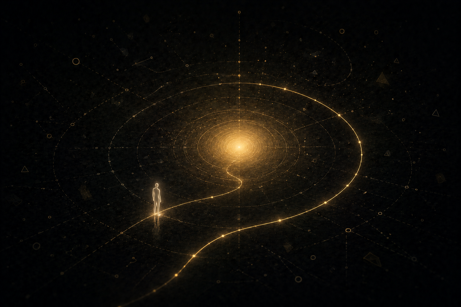 A warm light opens a small section of path in darkness