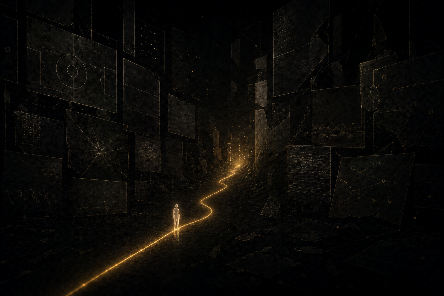 A continuous yellow path runs through a vast dark space toward the distance