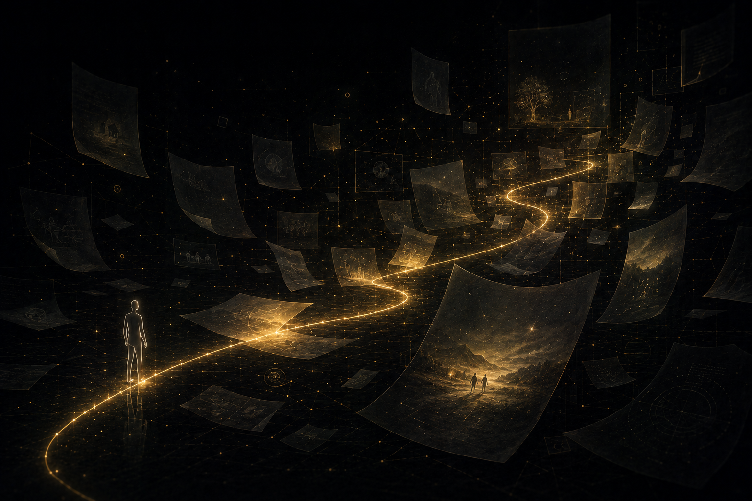 Story fragments gather around a glowing yellow path and begin to form a visual world