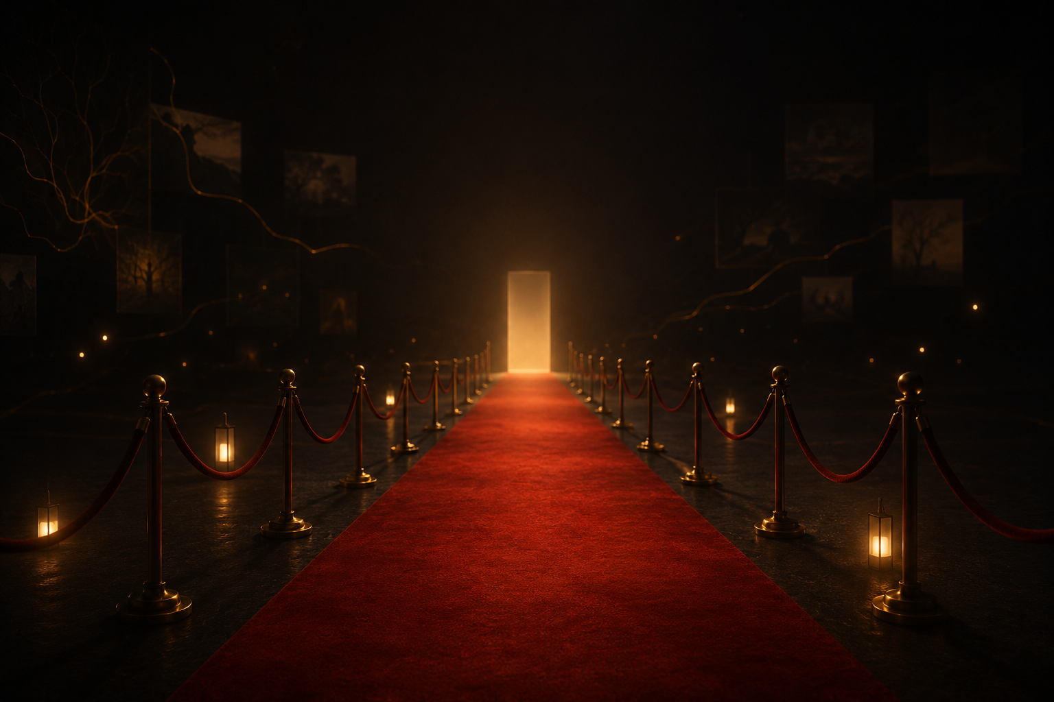A red carpet lined with velvet ropes and lanterns leads towards a glowing doorway
