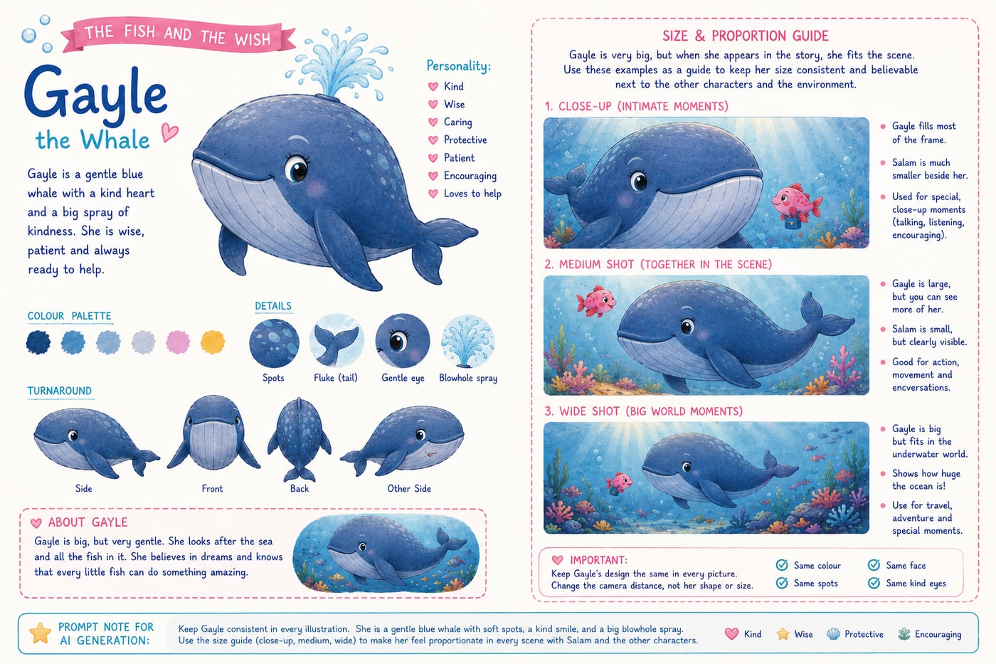Character continuity guide for Gayle the whale