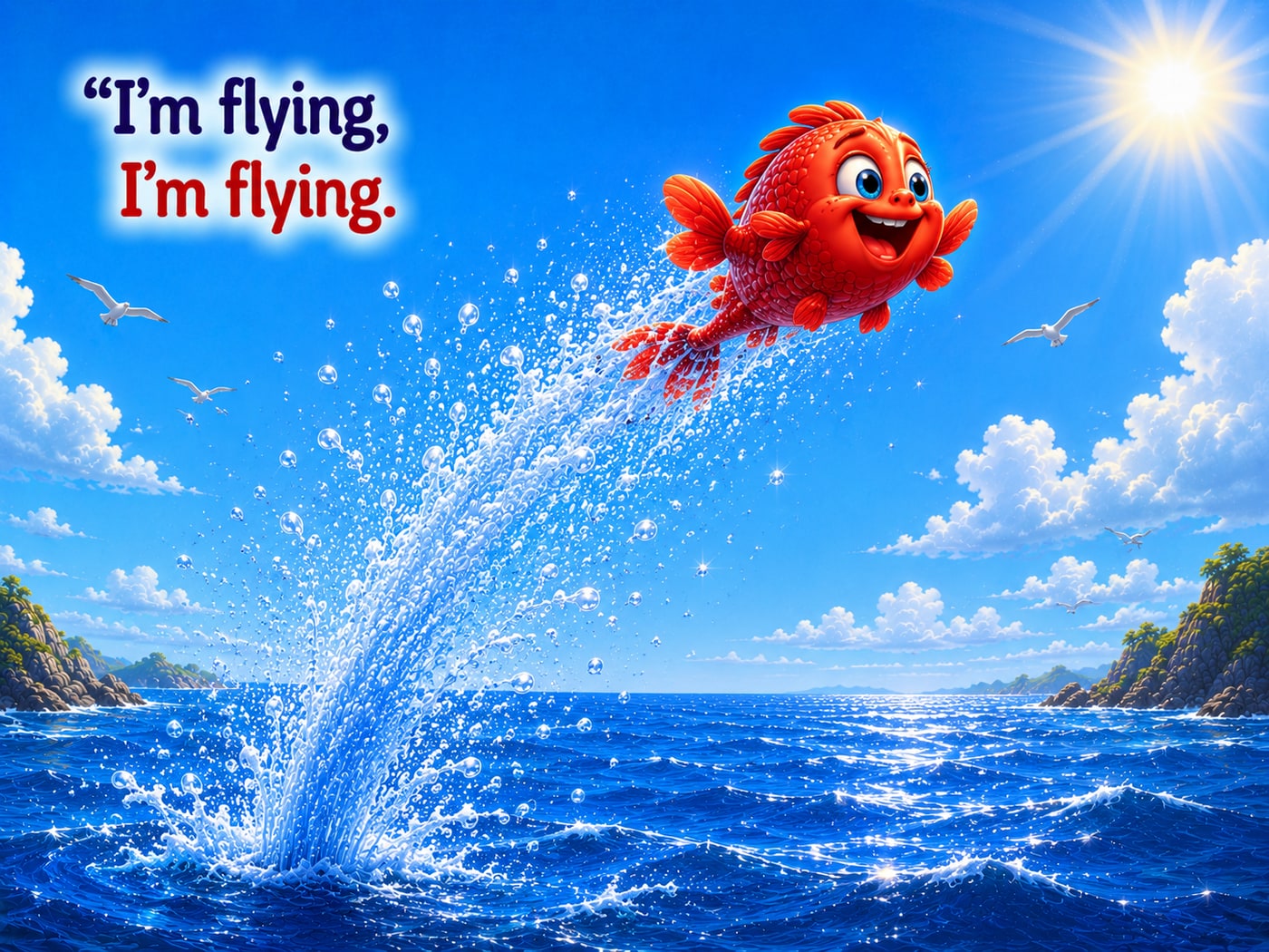 Salam the fish flying joyfully above the ocean in Nell's finished Storybook Film