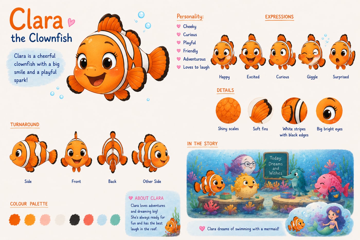 Character mood board for Clara the Clownfish