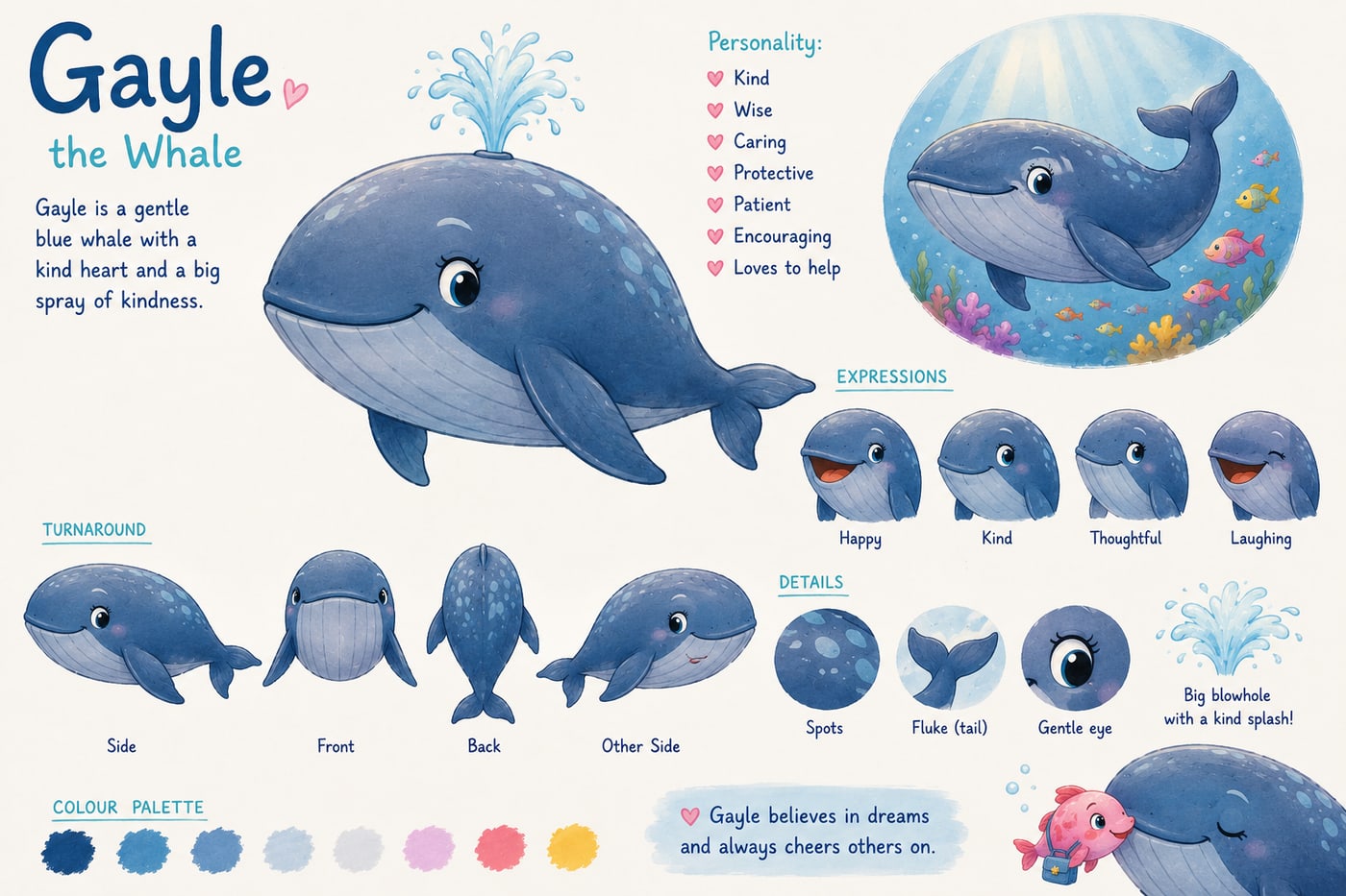 Character mood board for Gayle the Whale