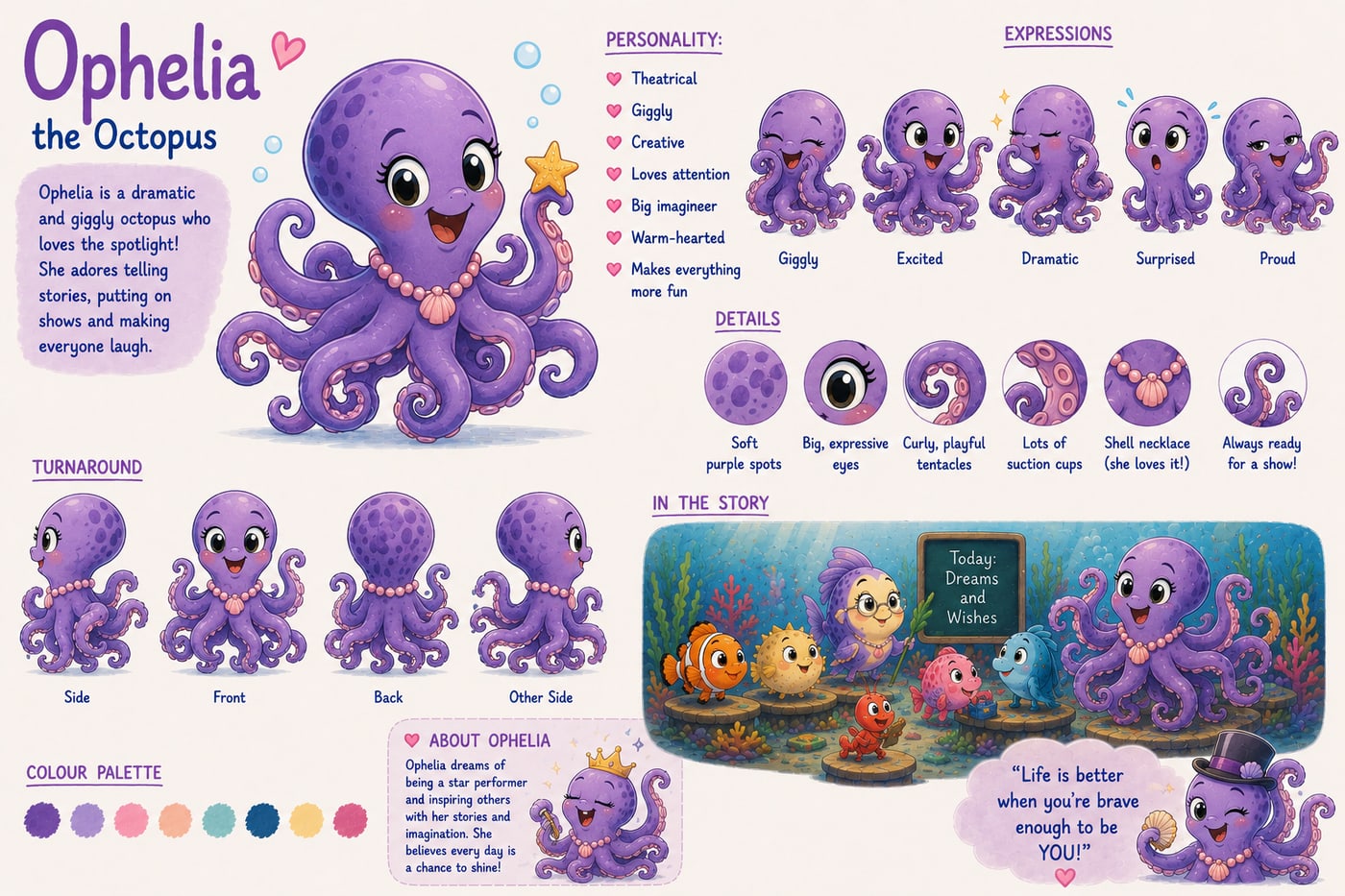 Character mood board for Ophelia the Octopus