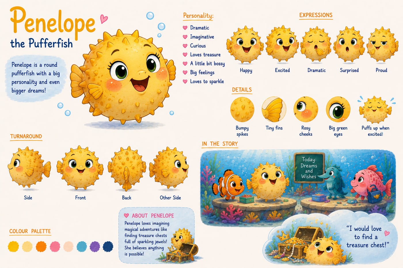 Character mood board for Penelope the Pufferfish