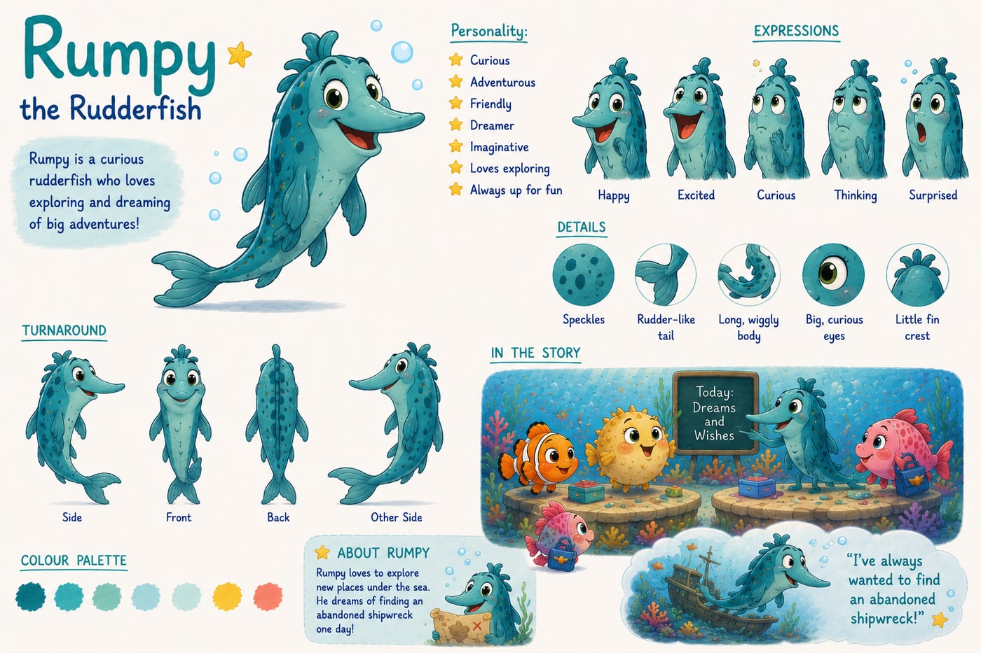Character mood board for Rumpy the Rudderfish