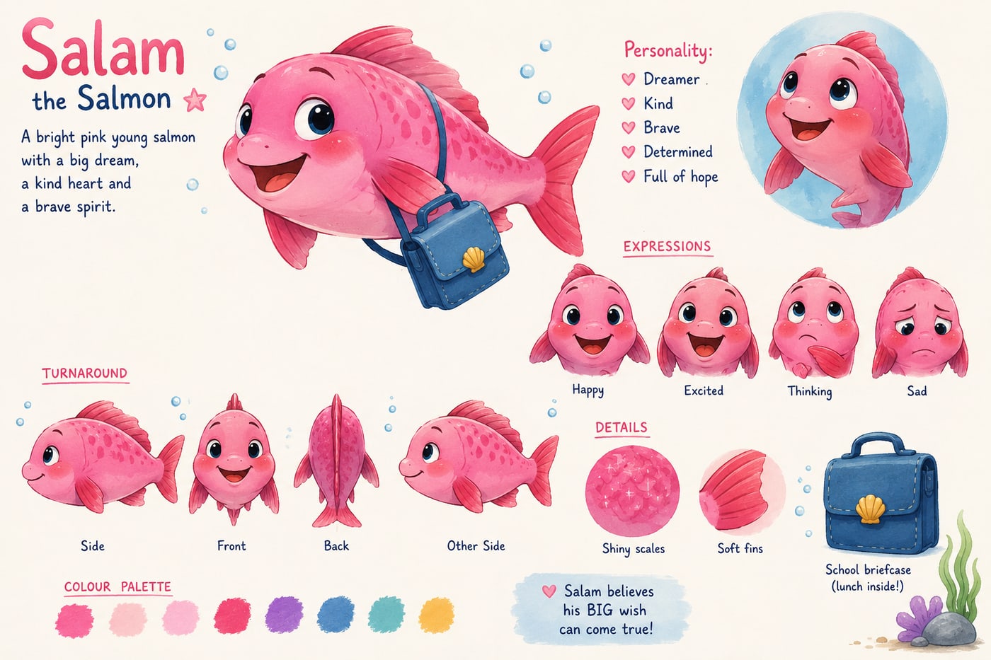 Character mood board showing Salam, a bright pink salmon with a blue briefcase